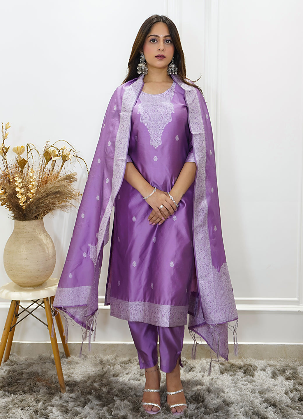 Vedhika Womens Embroidered Cotton Blend Kurta Pant Set with Banarasi Silk Dupatta Elegant Ethnic Wear