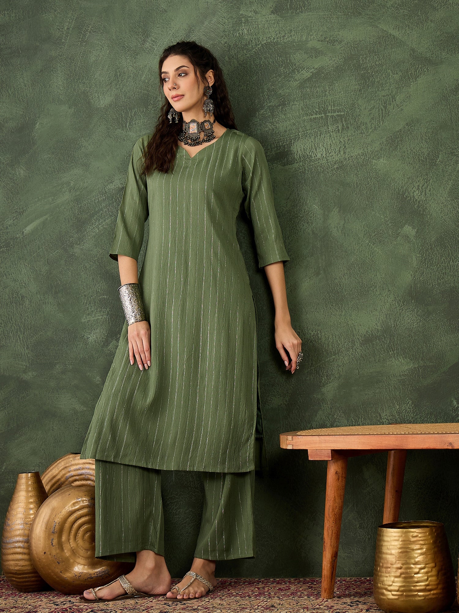 Samara Women's Office, Festive Wear Mehndi Straight Kurta & Pant, Co-ord Set