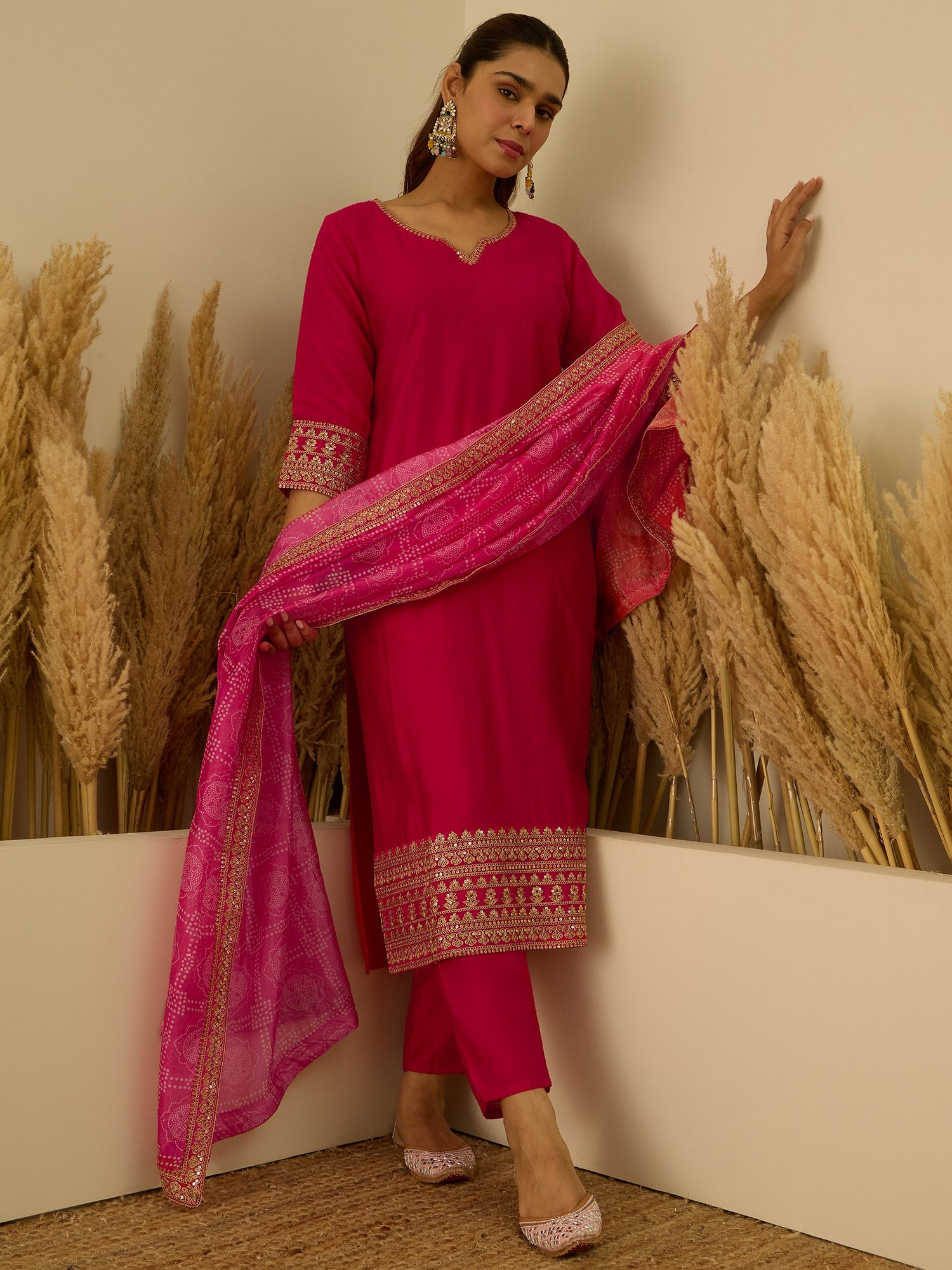 VredeVogel Pink Silk Blend Embroidered with Sequins Straight Kurta Set with Trousers & Dupatta