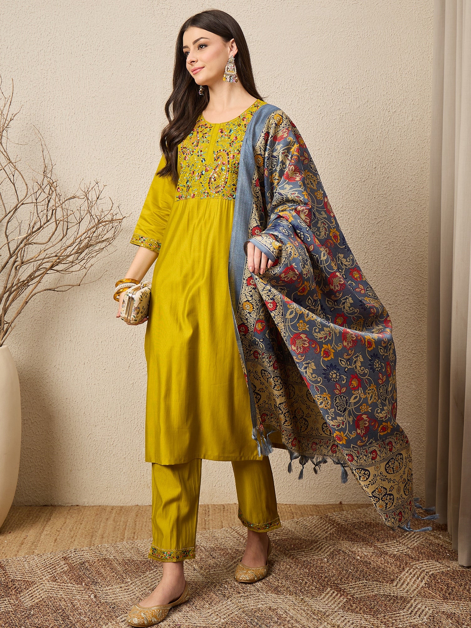 Satrangi Lemon Embroidered Viscose Rayon Straight Suit Set