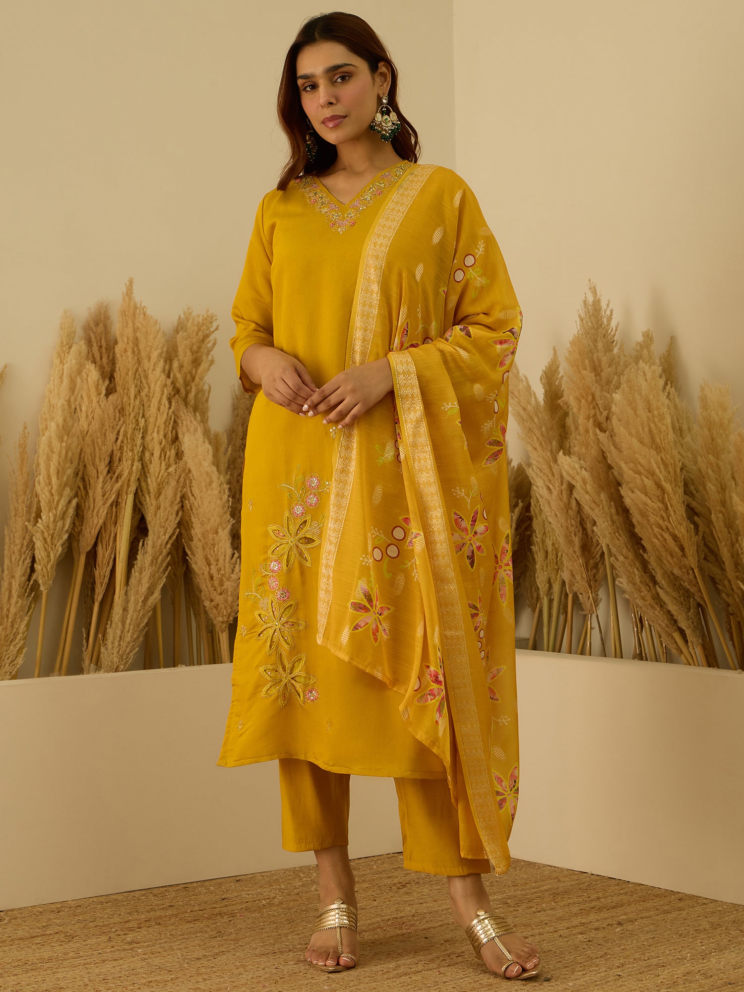 Saanjh Yellow Women Kurta and Pant Dupatta Sets Silk Fabrics with Embroidery