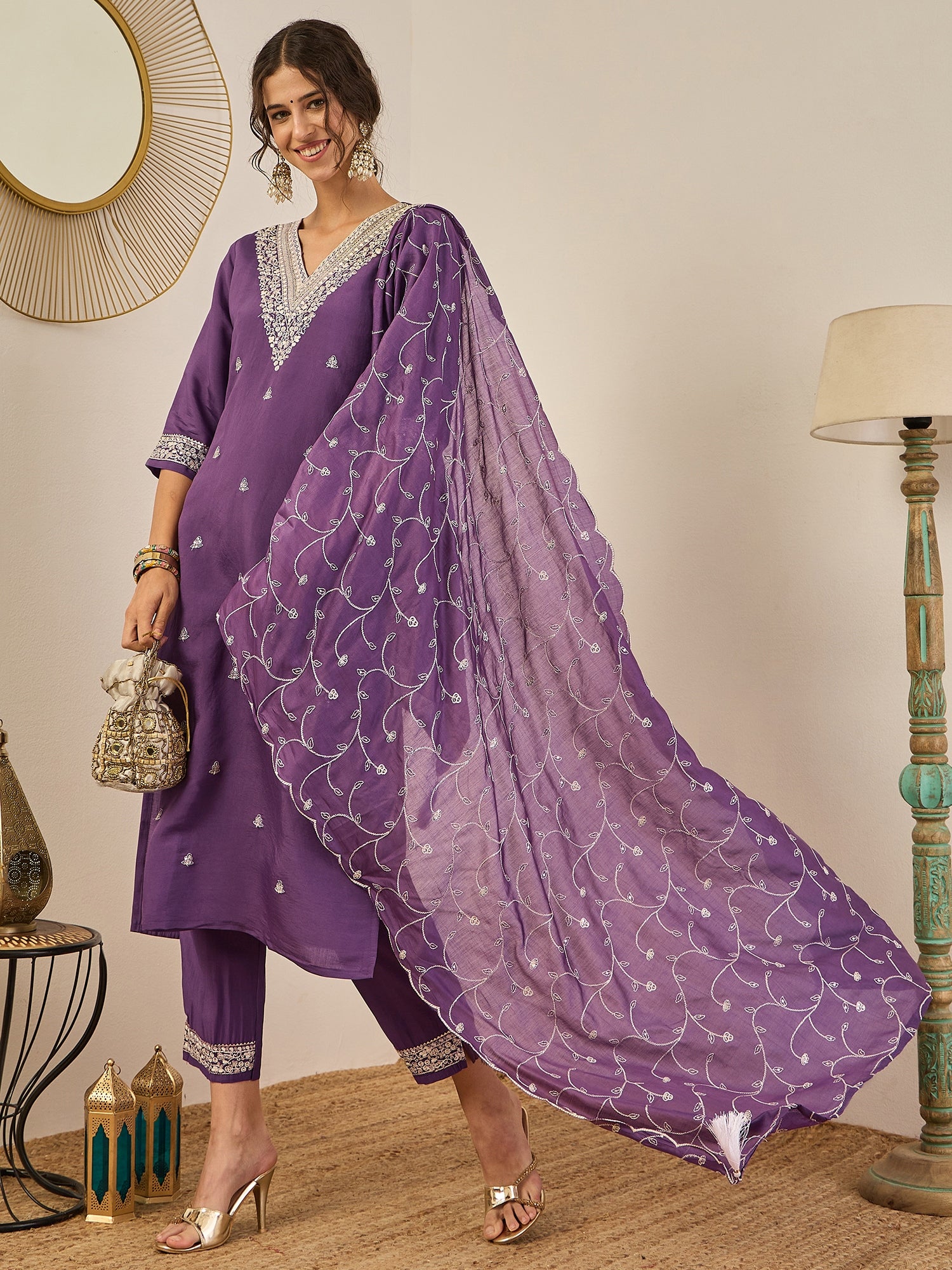 Swarnika Elegant Silk Blend Kurta Set with Chanderi Dupatta Ready to Wear Embroidered Party Wear Outfit