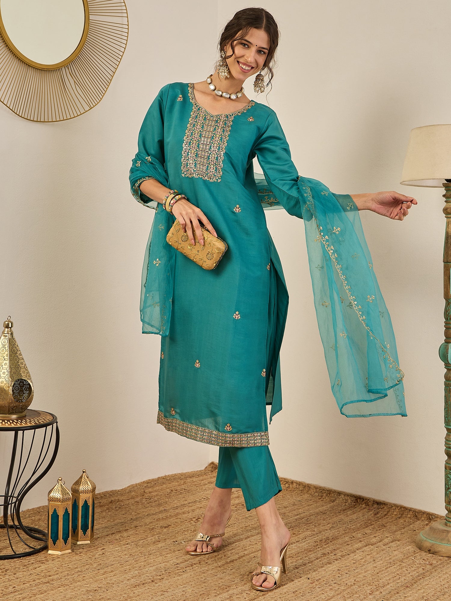 Vedhika Women's Embroidered Silk Blend Calf Length Straight Kurta Trouser with Dupatta Set