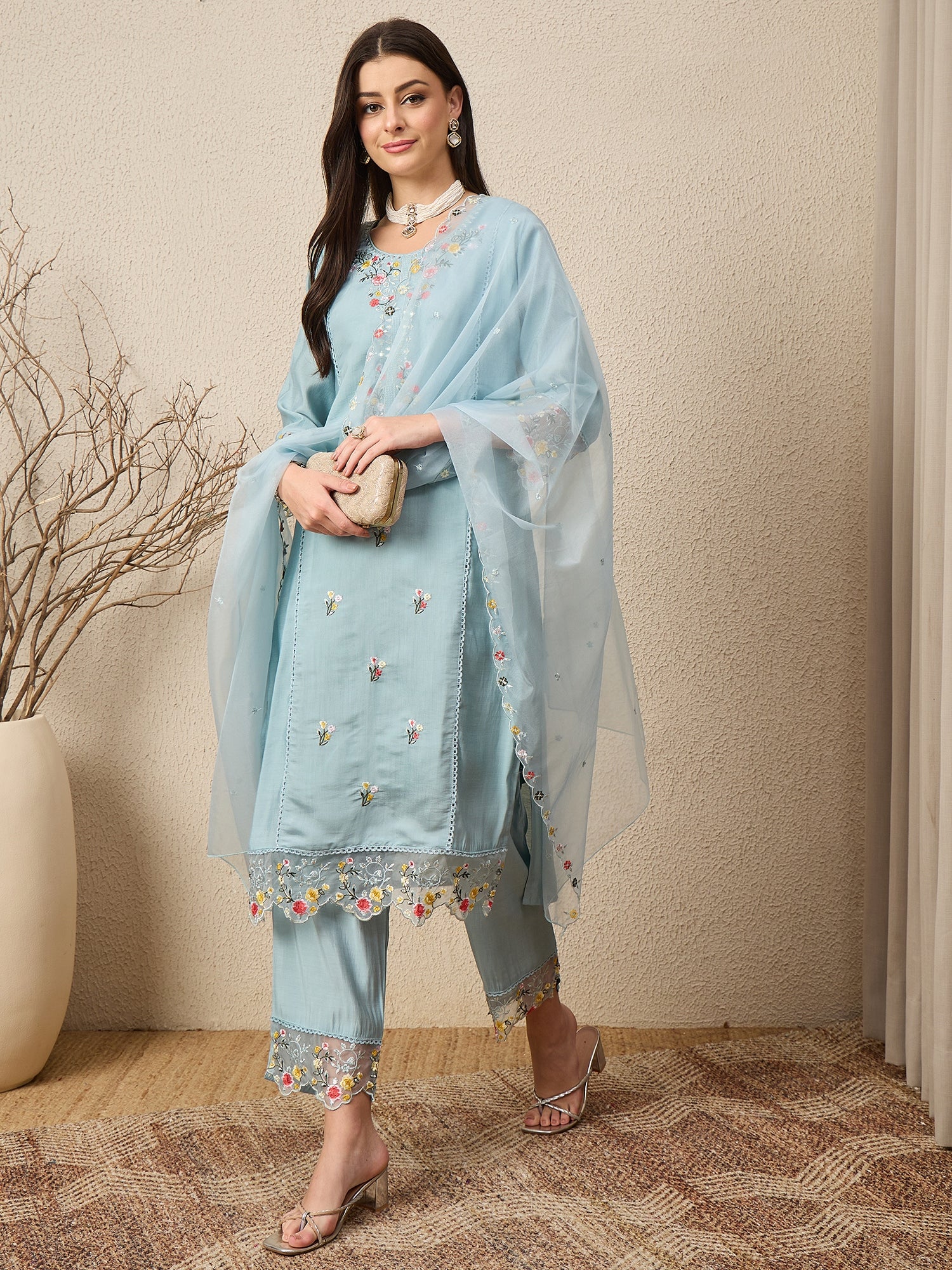 Noor-e-Nazaara Sky Women Silk Blend Kurta and Trousers Pant Set