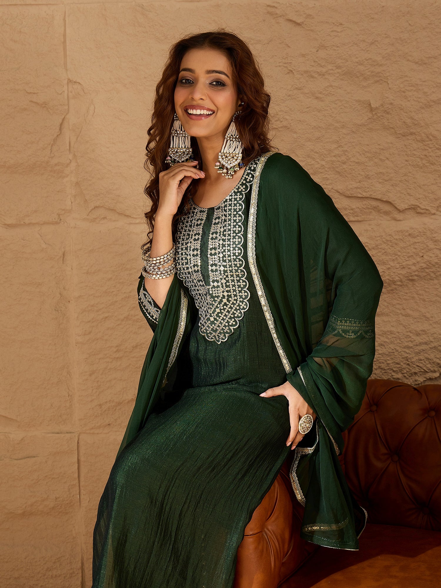 VredeVogel Green Silk Blend Yoke Design Kurta and Trousers Pant Set