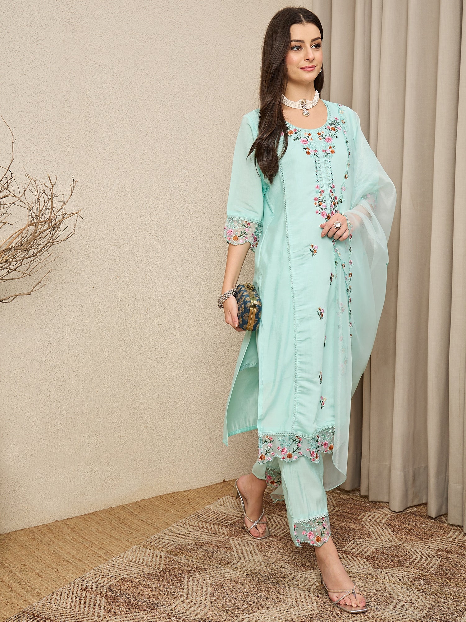 Rajvadi Sea-green Women Silk Blend Kurta and Trousers Pant Set