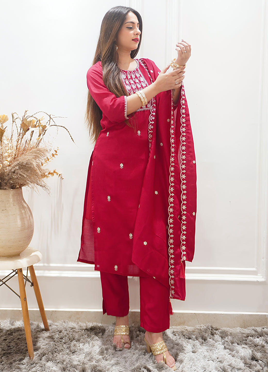 Zariyaa Silk Blend Embroidered Anarkali Kurta Pant Set with Dupatta Party Wear Ethnic Suit for Women