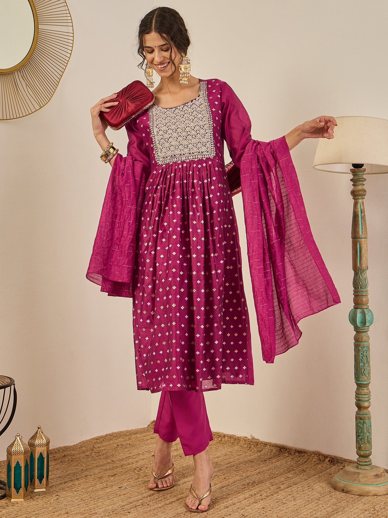 Phool Embroidered Chanderi Purple Suit Set with Dupatta Ethnic Sets