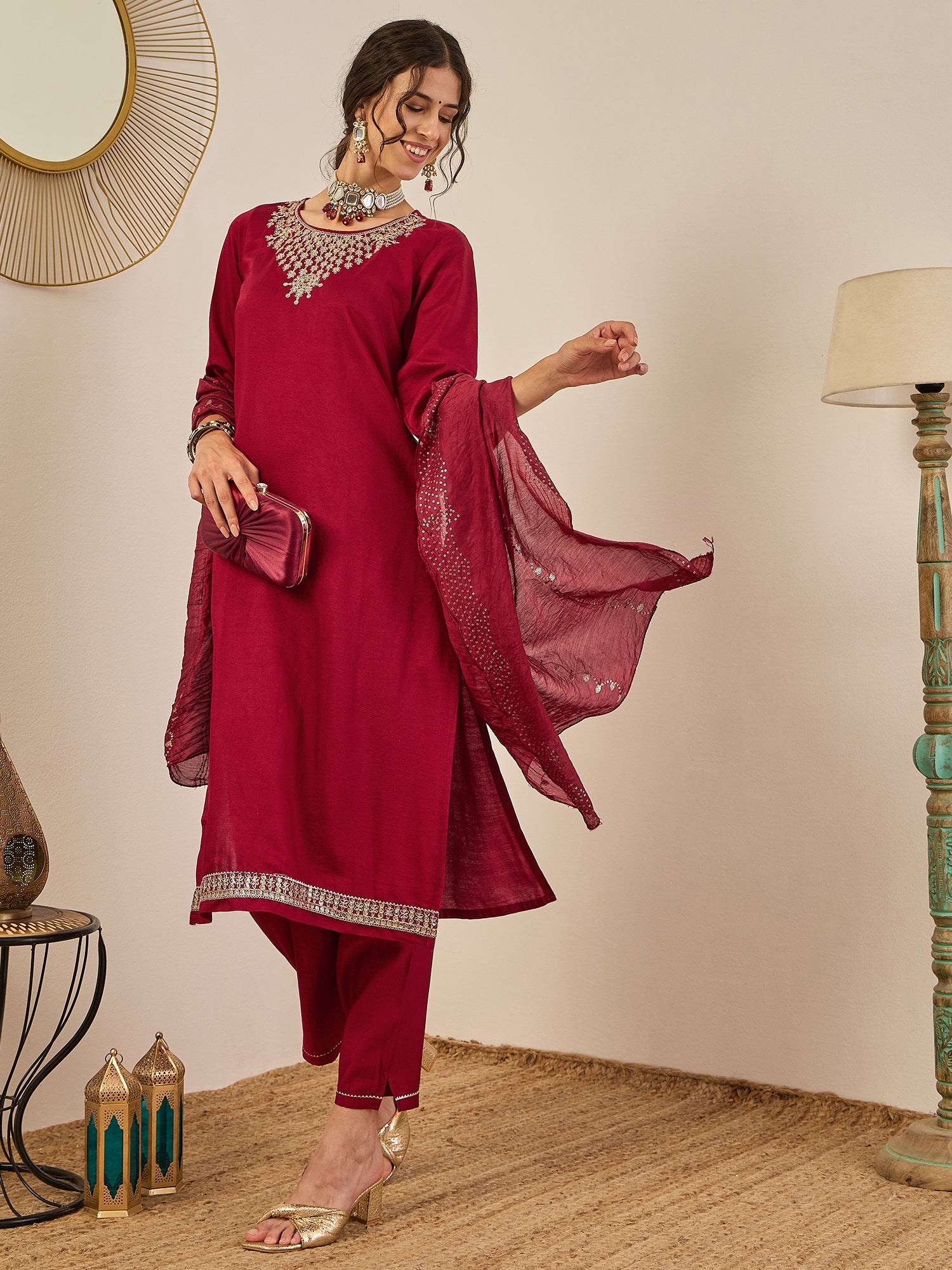 Divyaa Womens Embroidered Viscose Rayon Kurta Pant Set with Chanderi Silk Dupatta Stylish Ethnic Wear