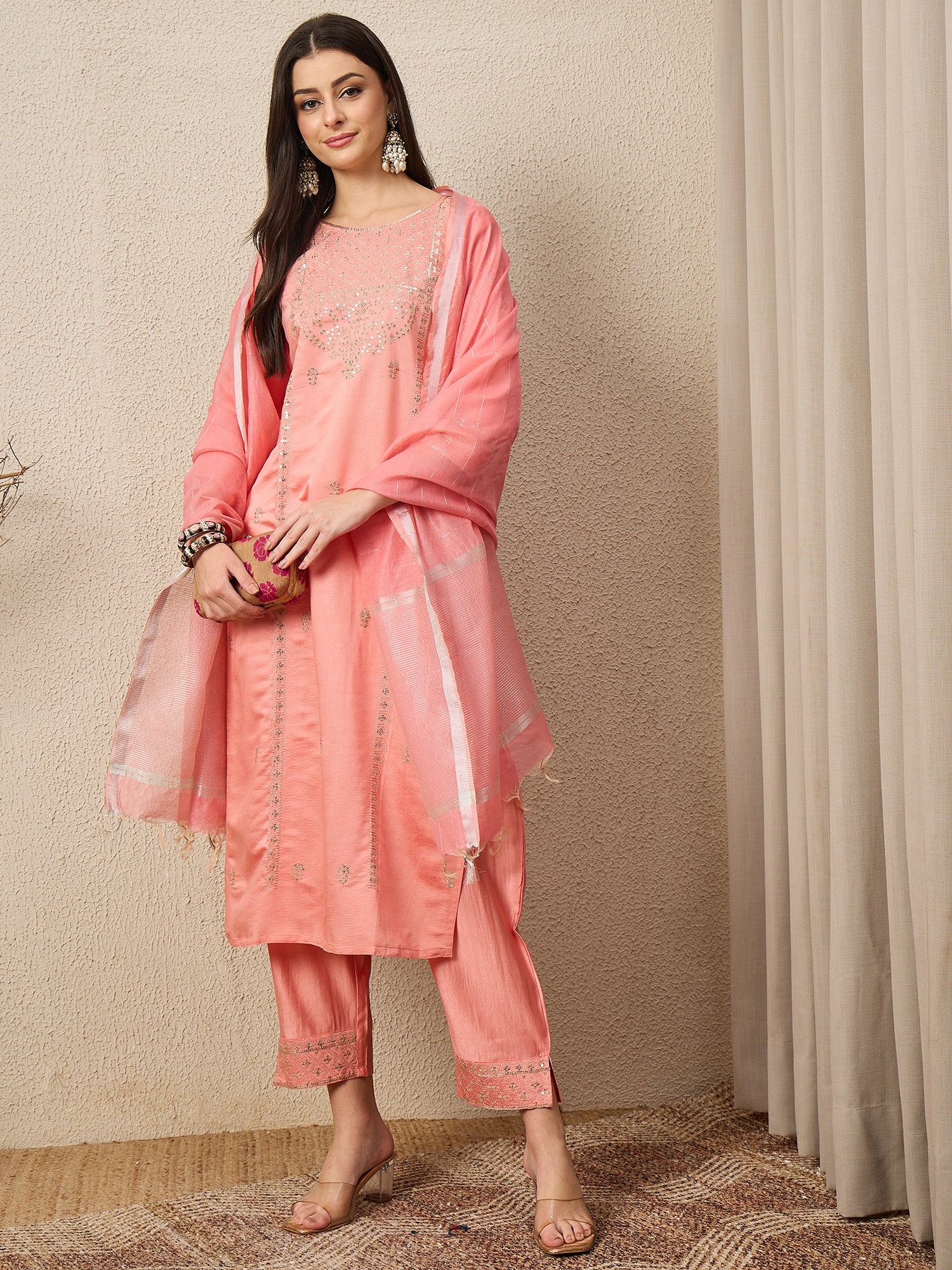 BhavyaRaas Peach Women Viscose Rayon suit Set