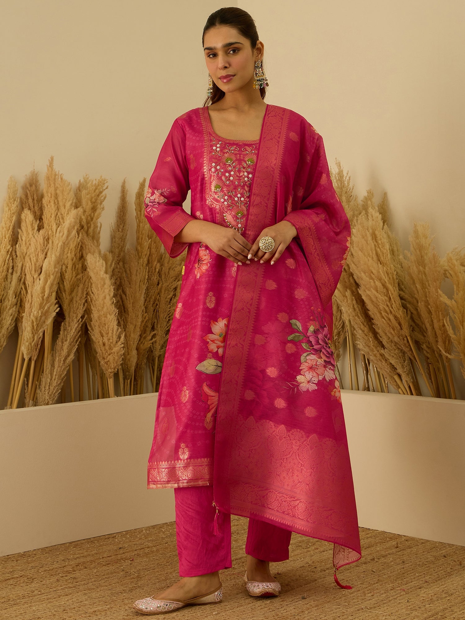VredeVogel Pink Silk Blend Embroidered Straight Kurta Set with Trousers & Dupatta