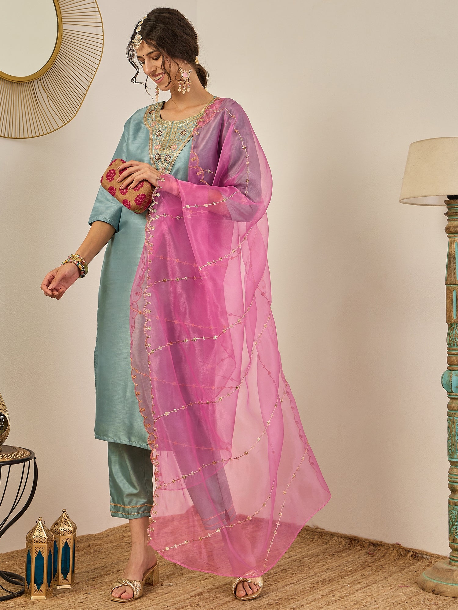 Zehra Womens Silk Blend Embroidered Kurta Pant Set with Dupatta Elegant Ready to Wear