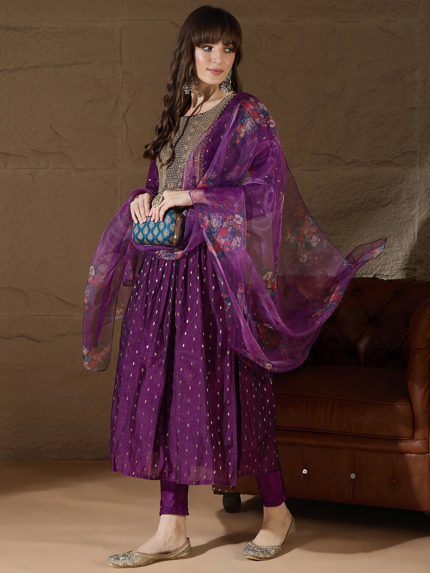 Neelangi Purple Women Kurta and Leggings Duppata Set Chanderi Modal Butti