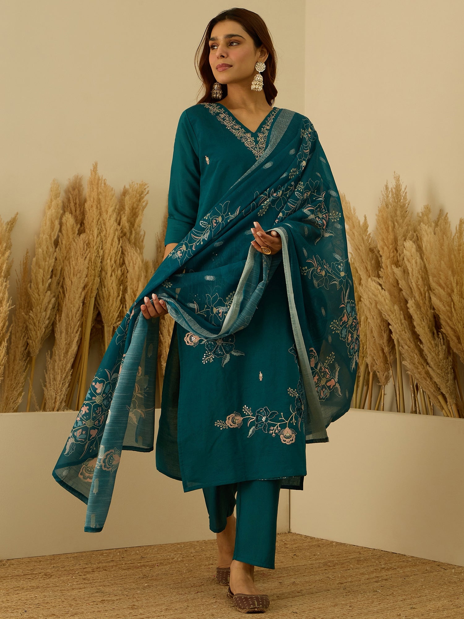 Saanjh Teal Women Kurta and Pant Dupatta Sets Silk Fabrics with Embroidery