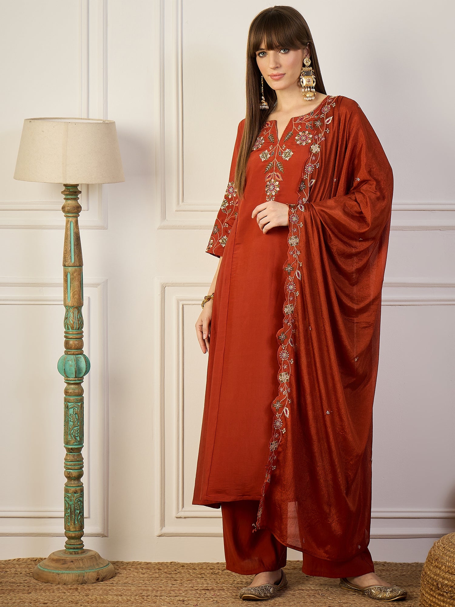 Reddish Women Anarkali Kurta with Pant & Chinon Dupatta Suits, Festive Ethnic Set