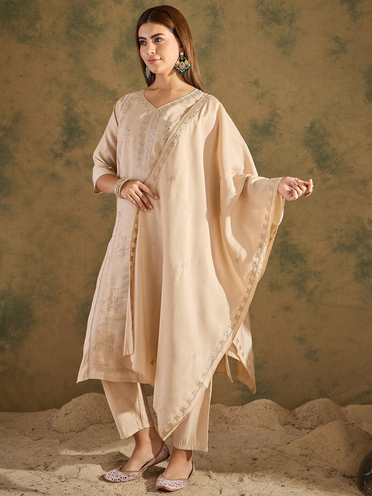Smira Beige Kurta and Pant Dupatta Sets Silk Blend Fabrics with Embroidery