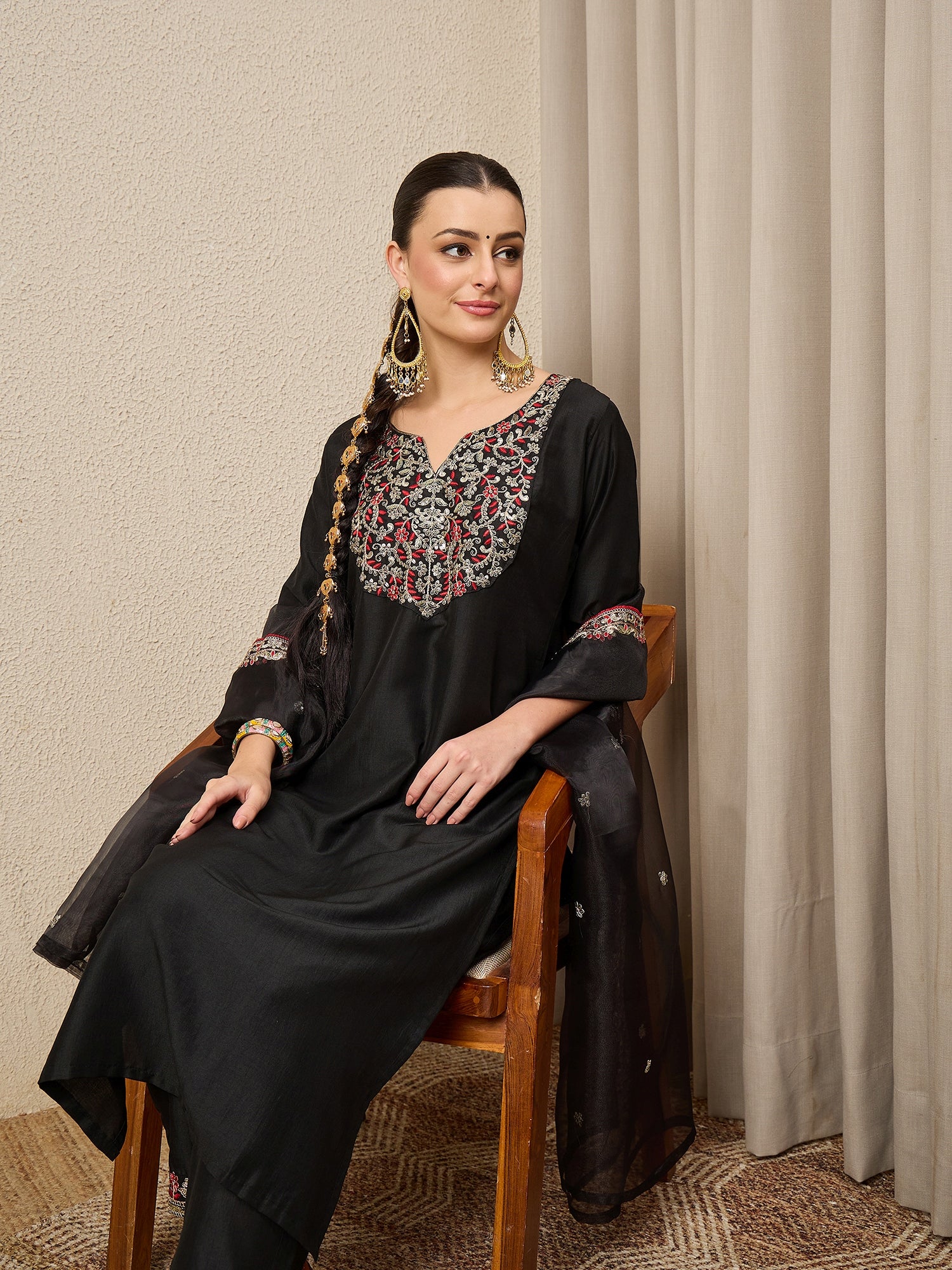 RangRiti Black Yoke Design Silk Blend Straight Suit With Dupatta