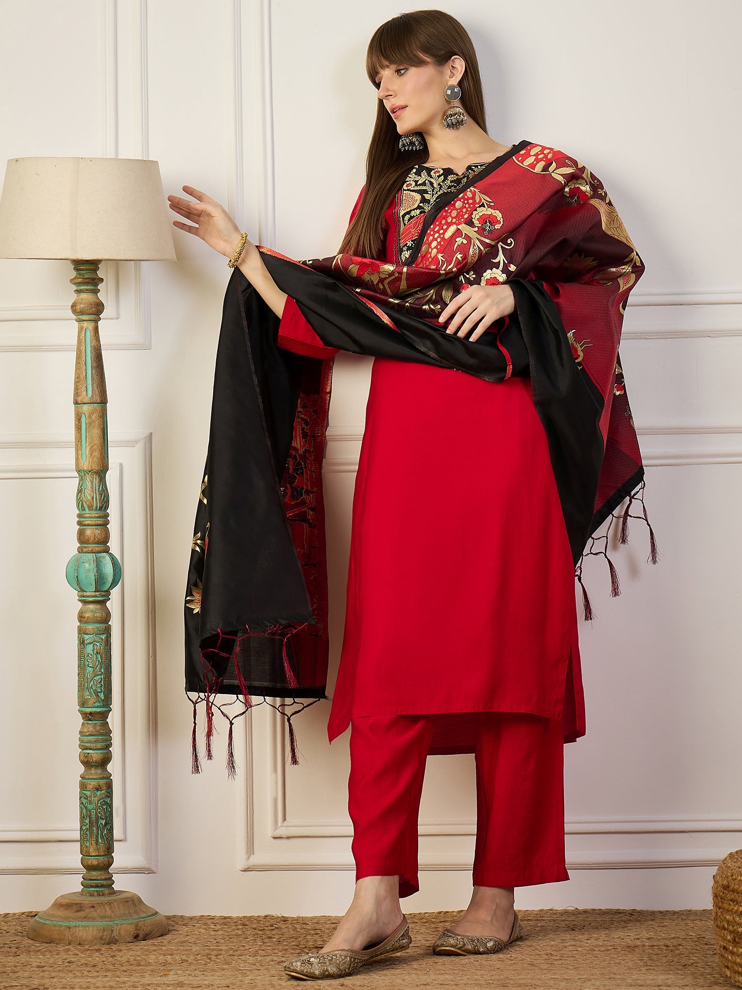 Sitara Red and Black Cotton Silk Blend Kurta Set With Jacquard Woven Meenakari Dupatta