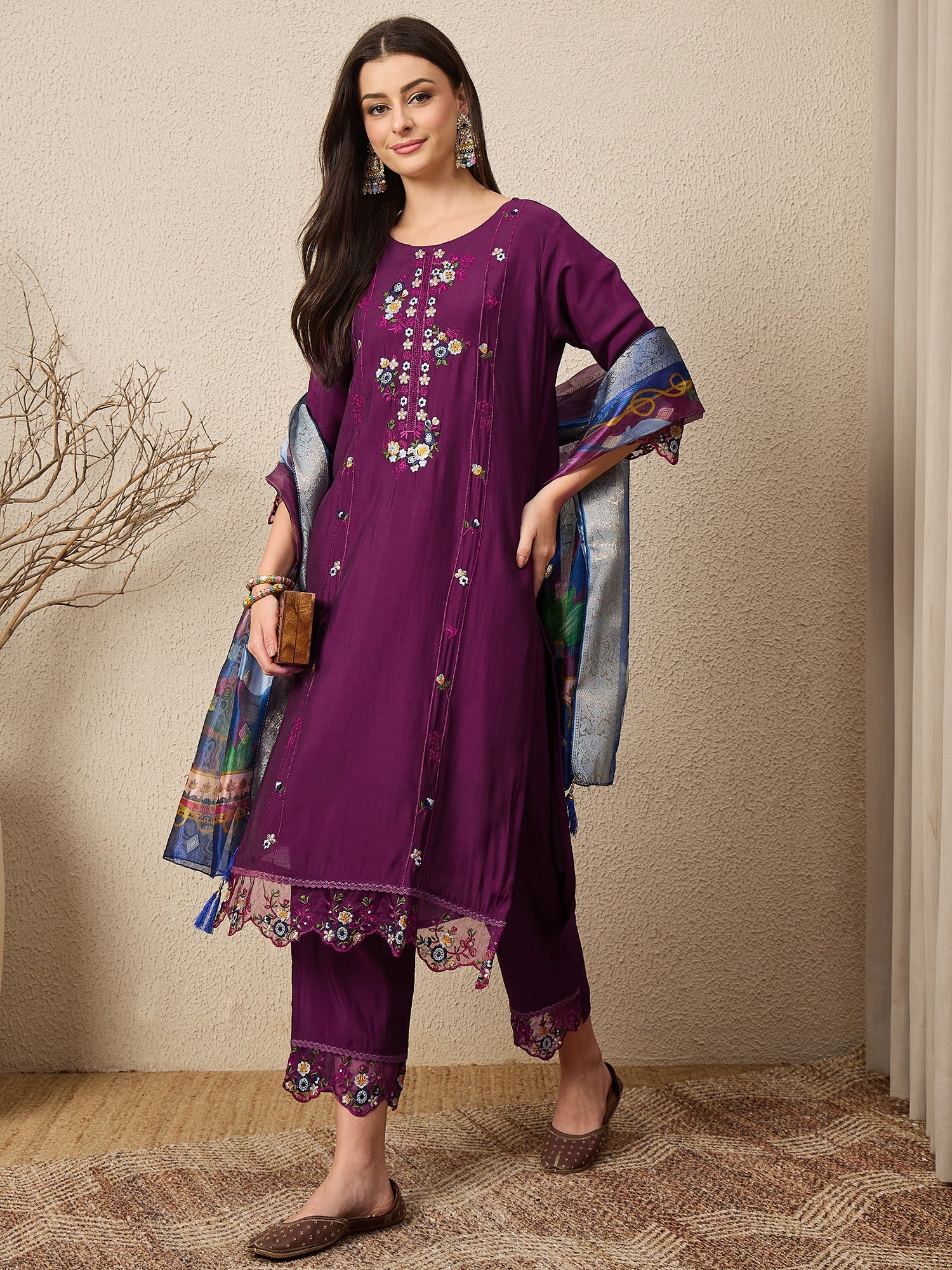 RajRani Purple Women Silk Blend Kurta and Trousers Pant Set