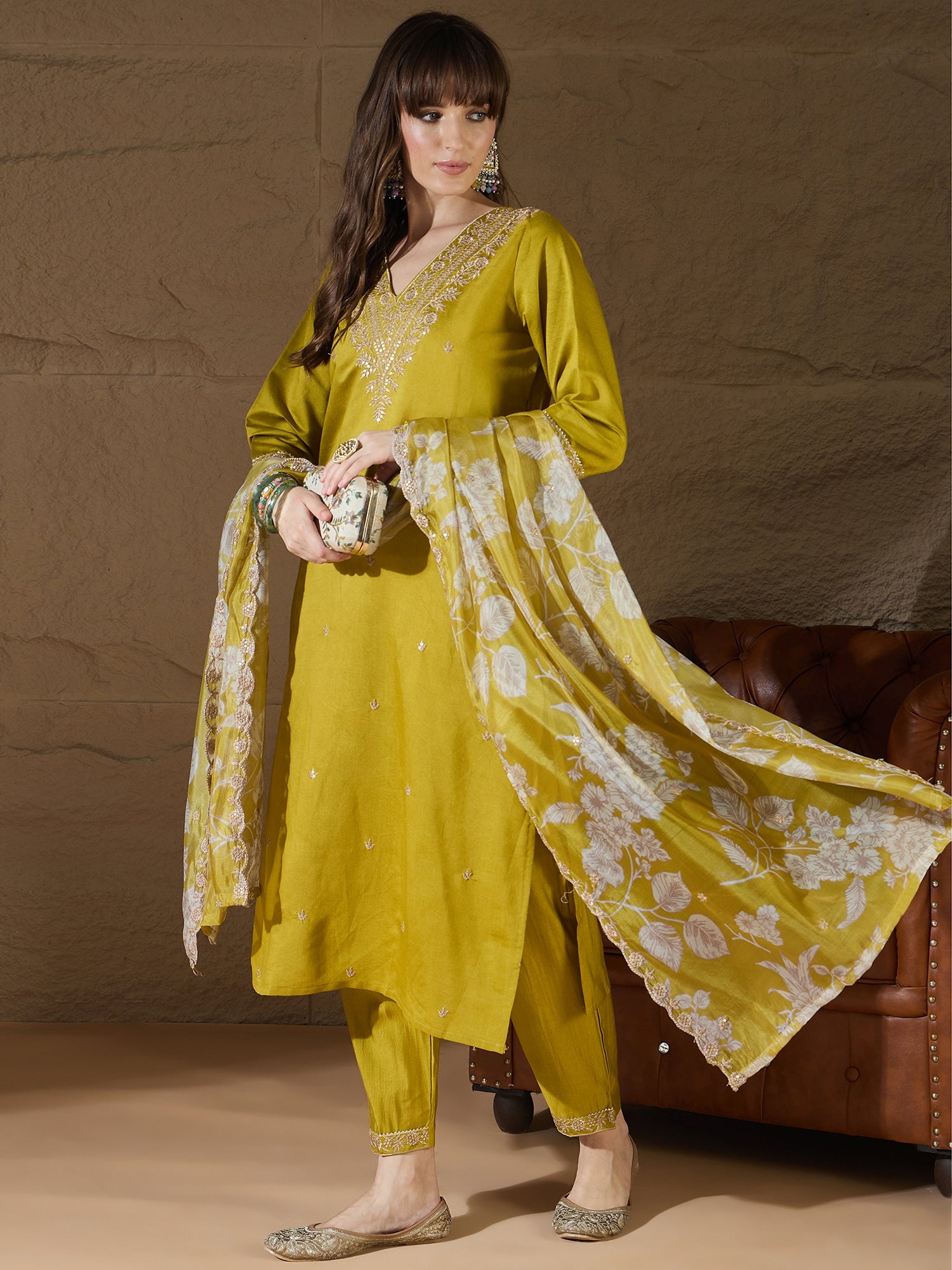 Chitra Charm Lemon Yoke Design Silk Blend Straight Suit With Dupatta