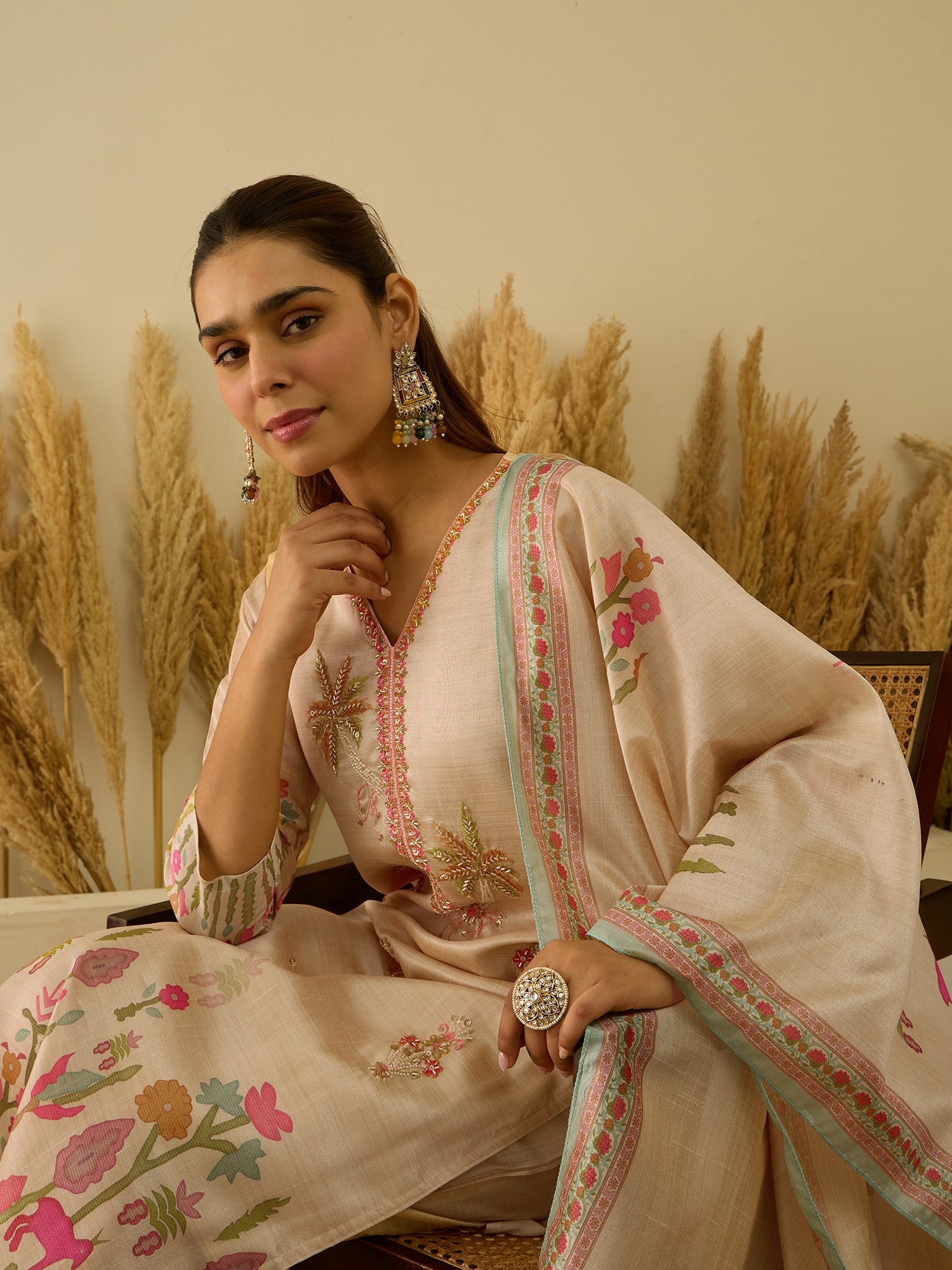 VredeVogel Cream Silk Blend Embroidered with Zardozi Straight Kurta Set with Trousers & Dupatta