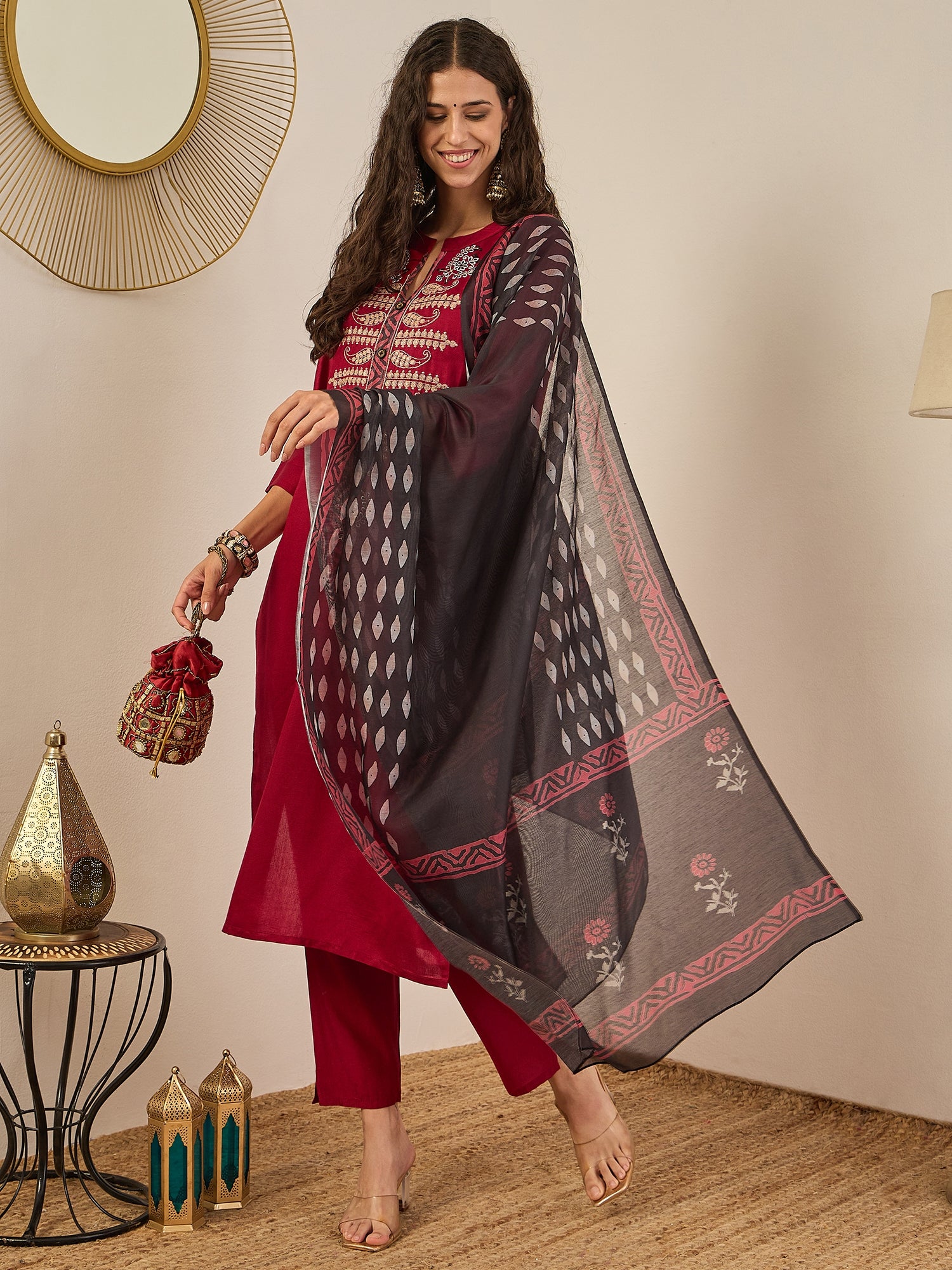 Swarnika Women's Embroidered Silk Blend Kurta Set with Dupatta – Stylish Ethnic Wear for Casual & Festive Occasions