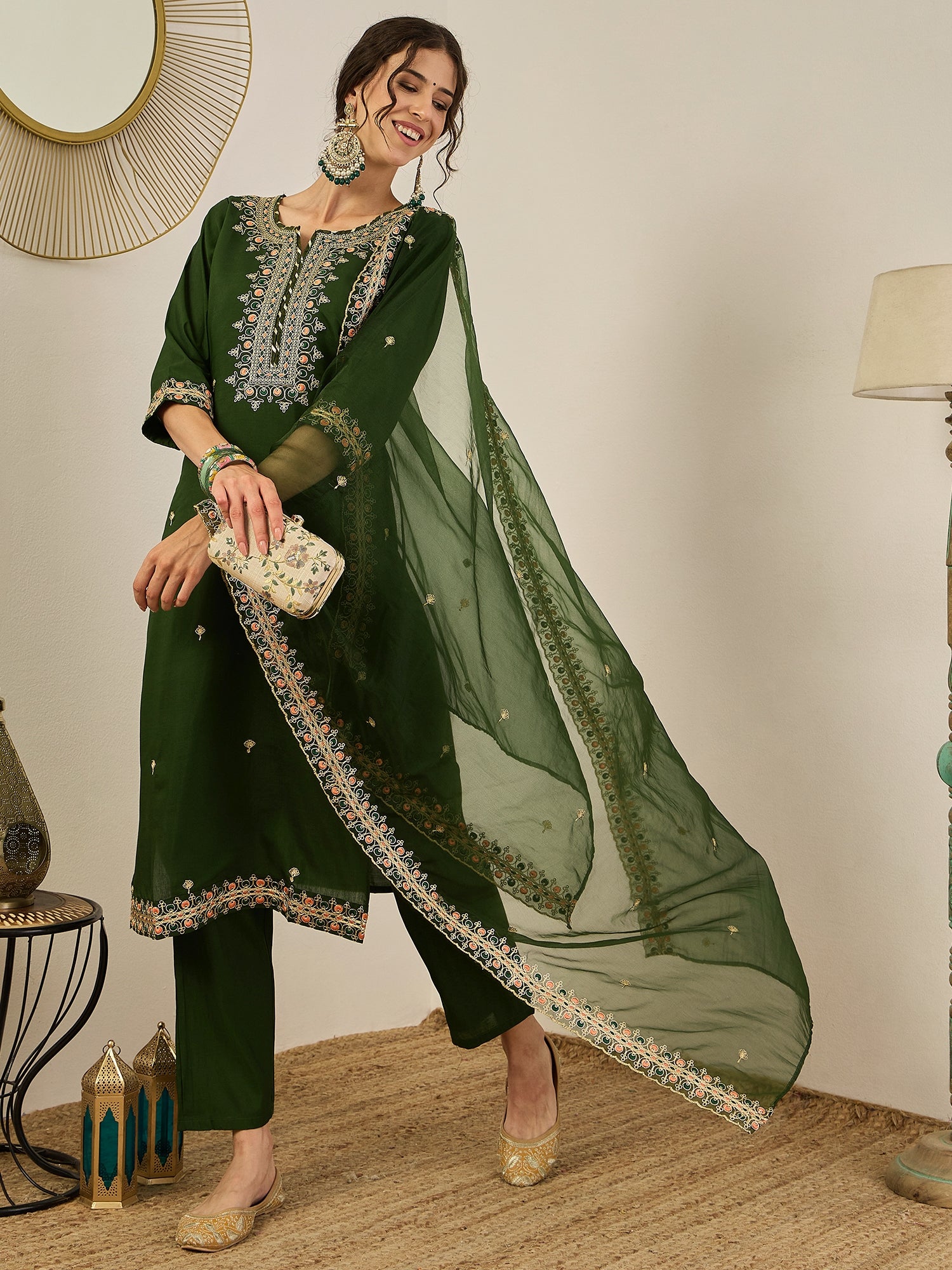 Varnita Women's Embroidered Silk Blend Calf Length Straight Kurta Trouser with Dupatta Set