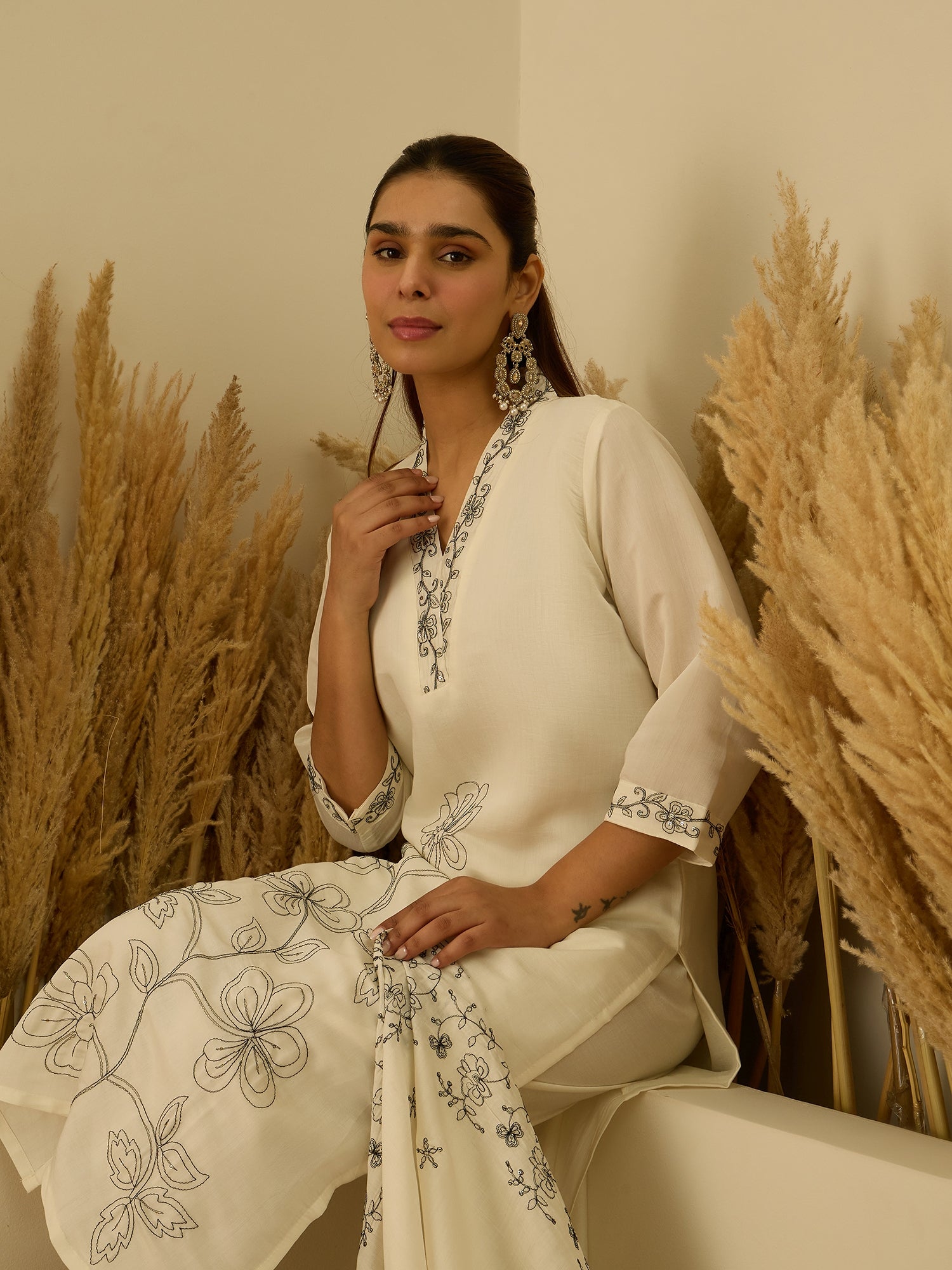 Prerna Silk Blend Embroidered Straight Kurta Set with Trousers & Dupatta