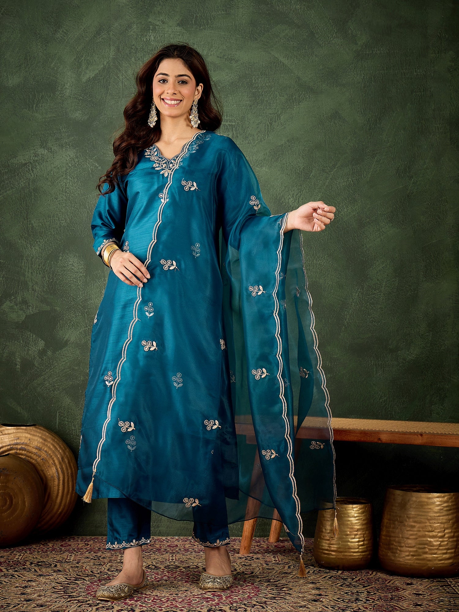 Riwaayat Women Kurta and Pant Dupatta Sets Silk Blend Fabrics with Embroidery