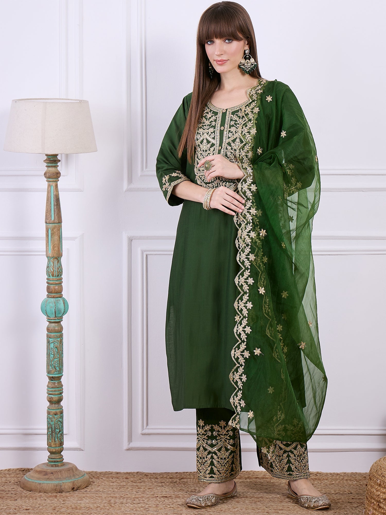 Heer Green Floral Embroidered Thread Work Kurta with Palazzo & Dupatta Suits