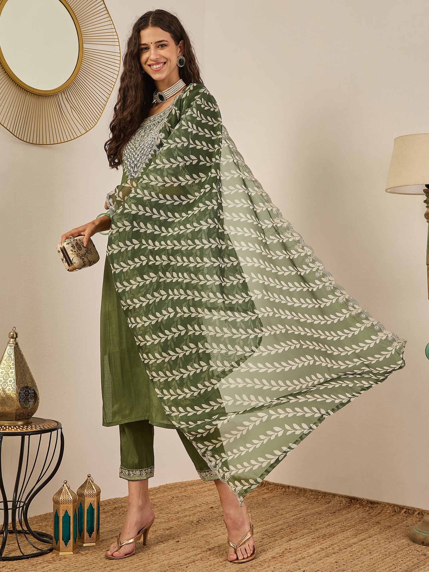 Zehra Women's Embroidered Silk Blend Calf Length Straight Kurta Trouser with Dupatta Set