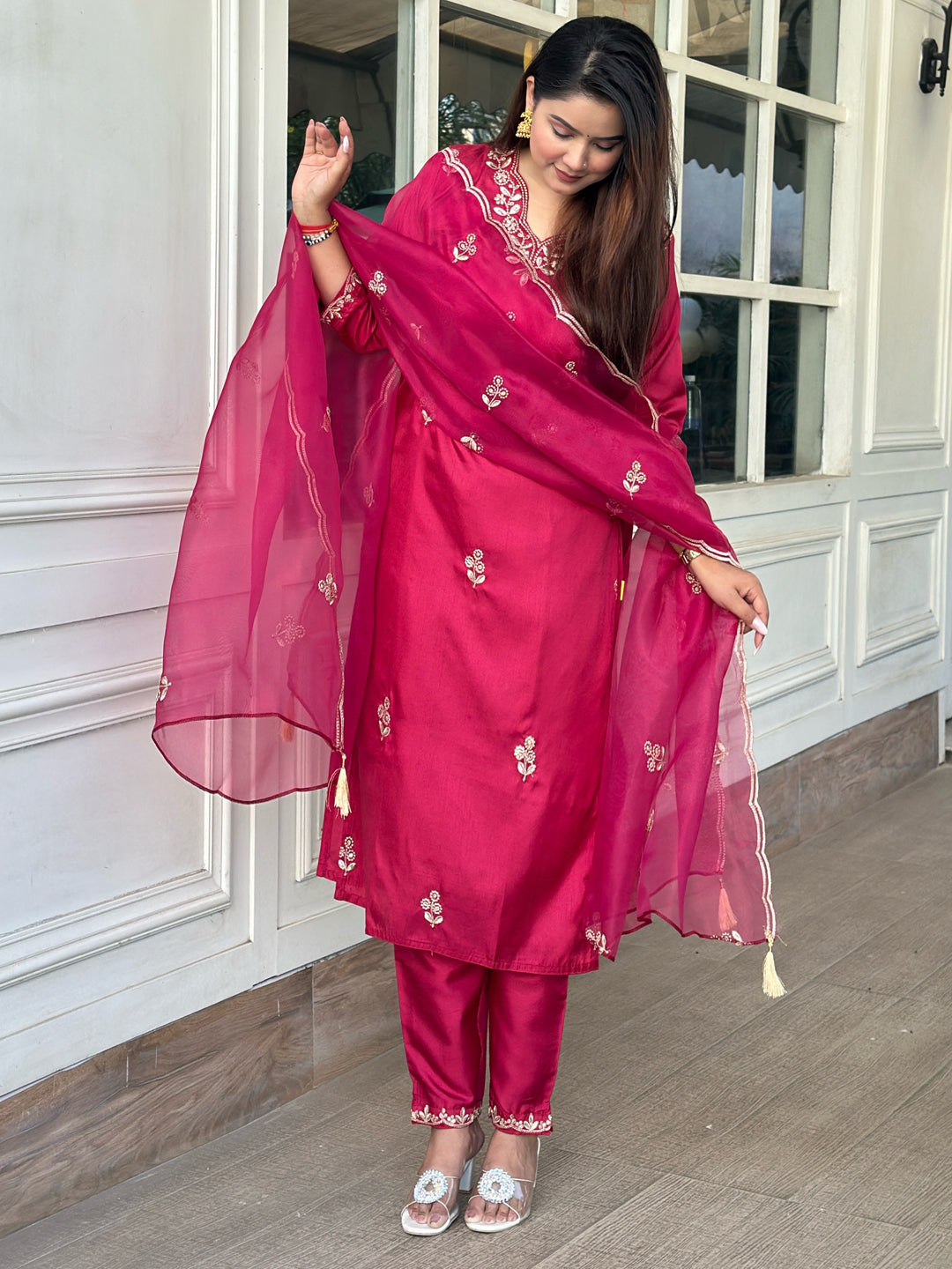 Iraaya Red Women Kurta and Pant Dupatta Sets Silk Blend Fabrics with Embroidery