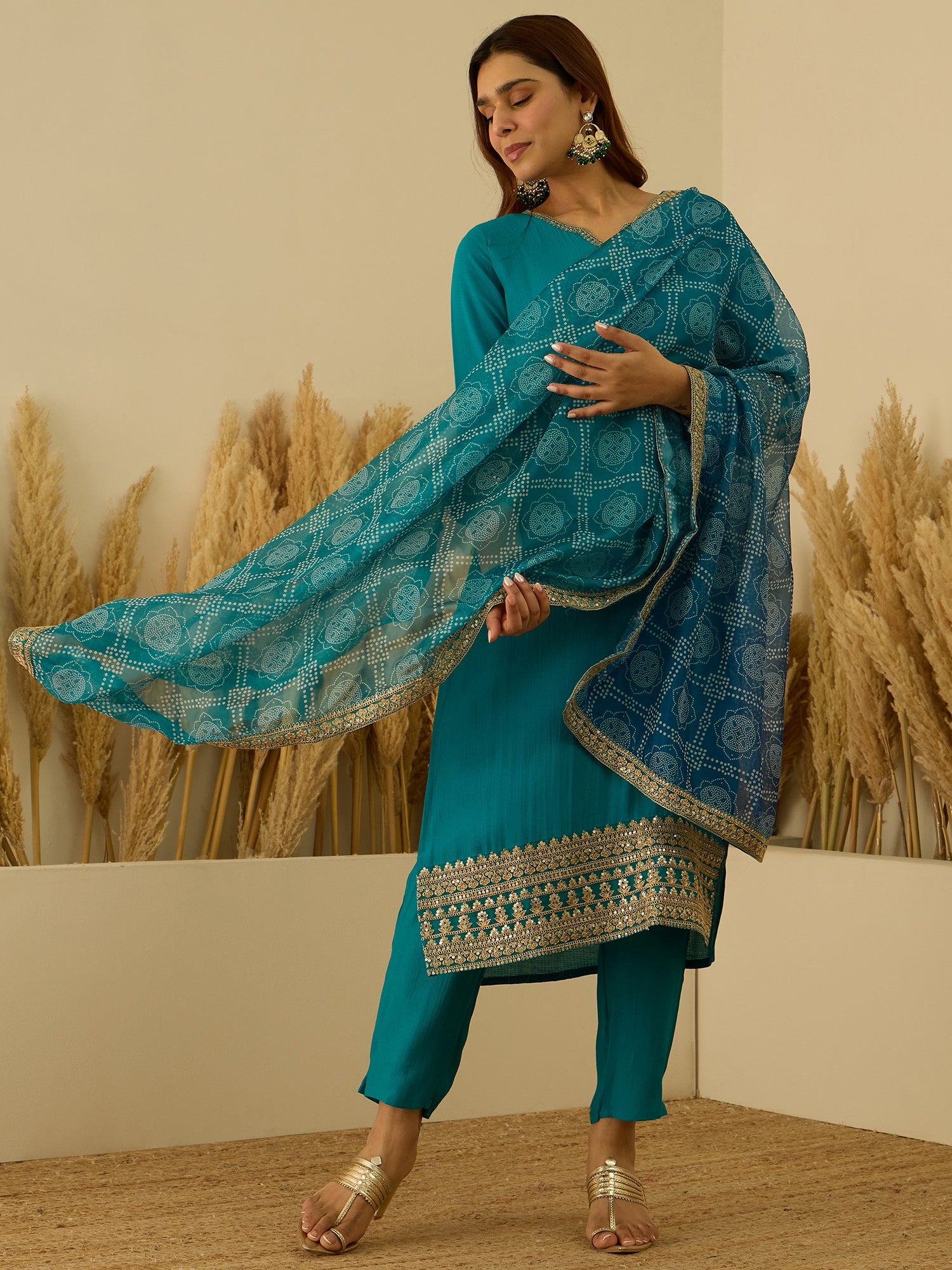 VredeVogel Rama Silk Blend Embroidered with Sequins Straight Kurta Set with Trousers & Dupatta