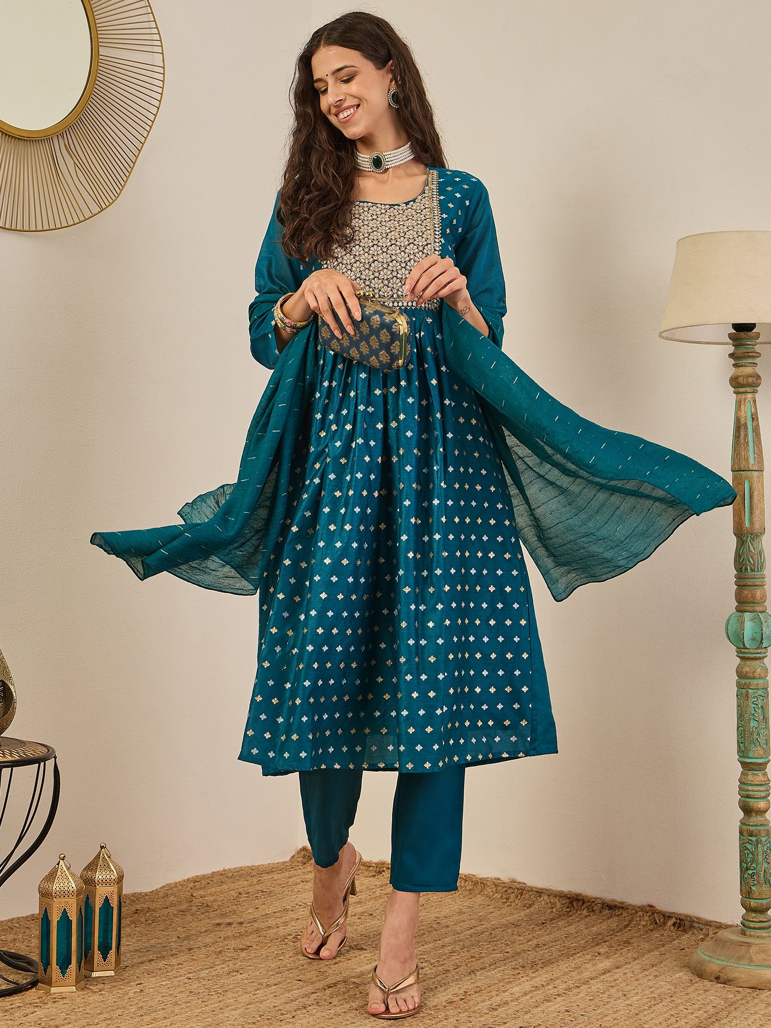 Phool Embroidered Chanderi Teal Suit Set with Dupatta Ethnic Sets