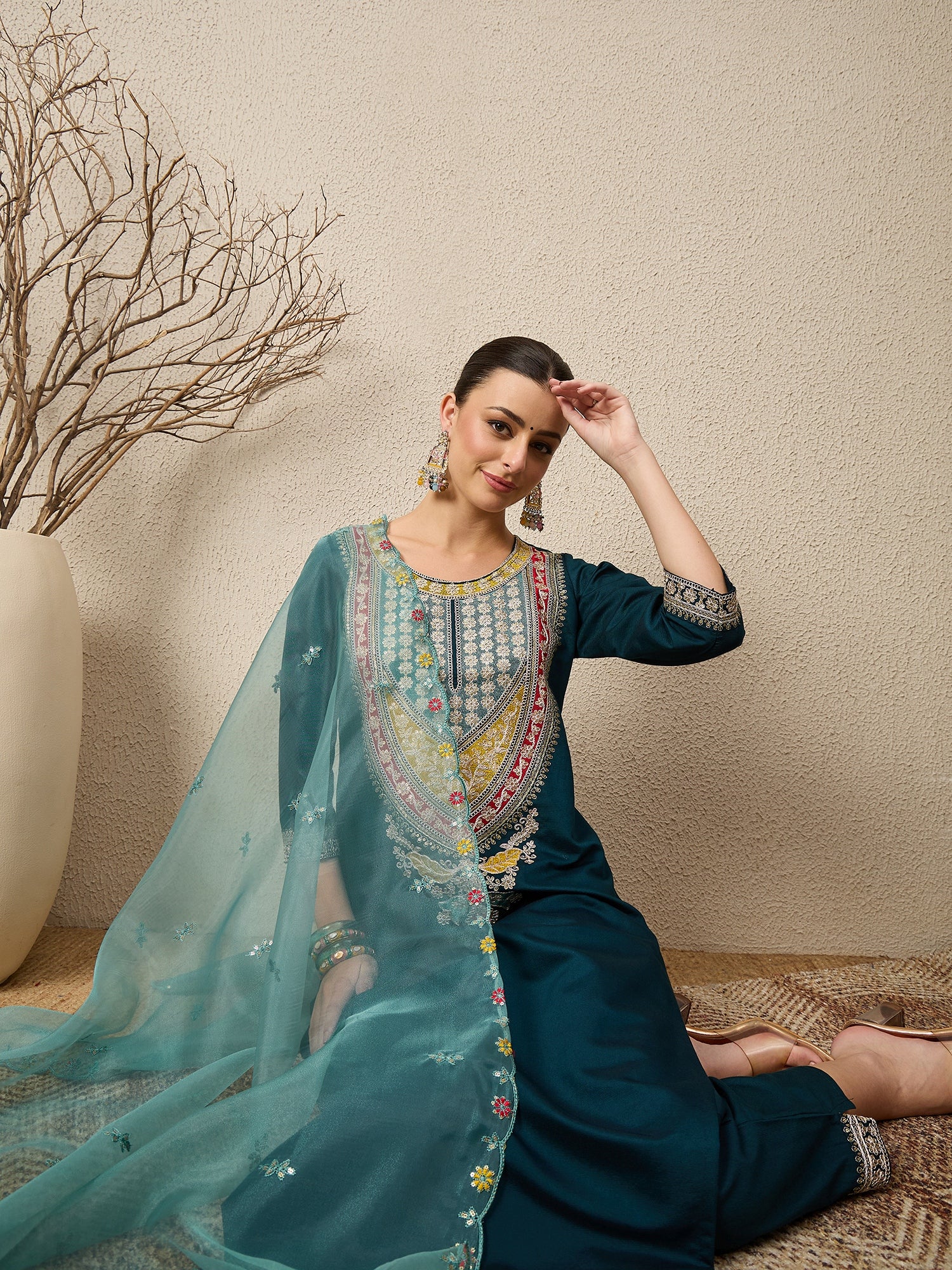 Tanirika Women's Embroidered Viscose Rayon Calf Length Straight Kurta Trouser with Dupatta Set