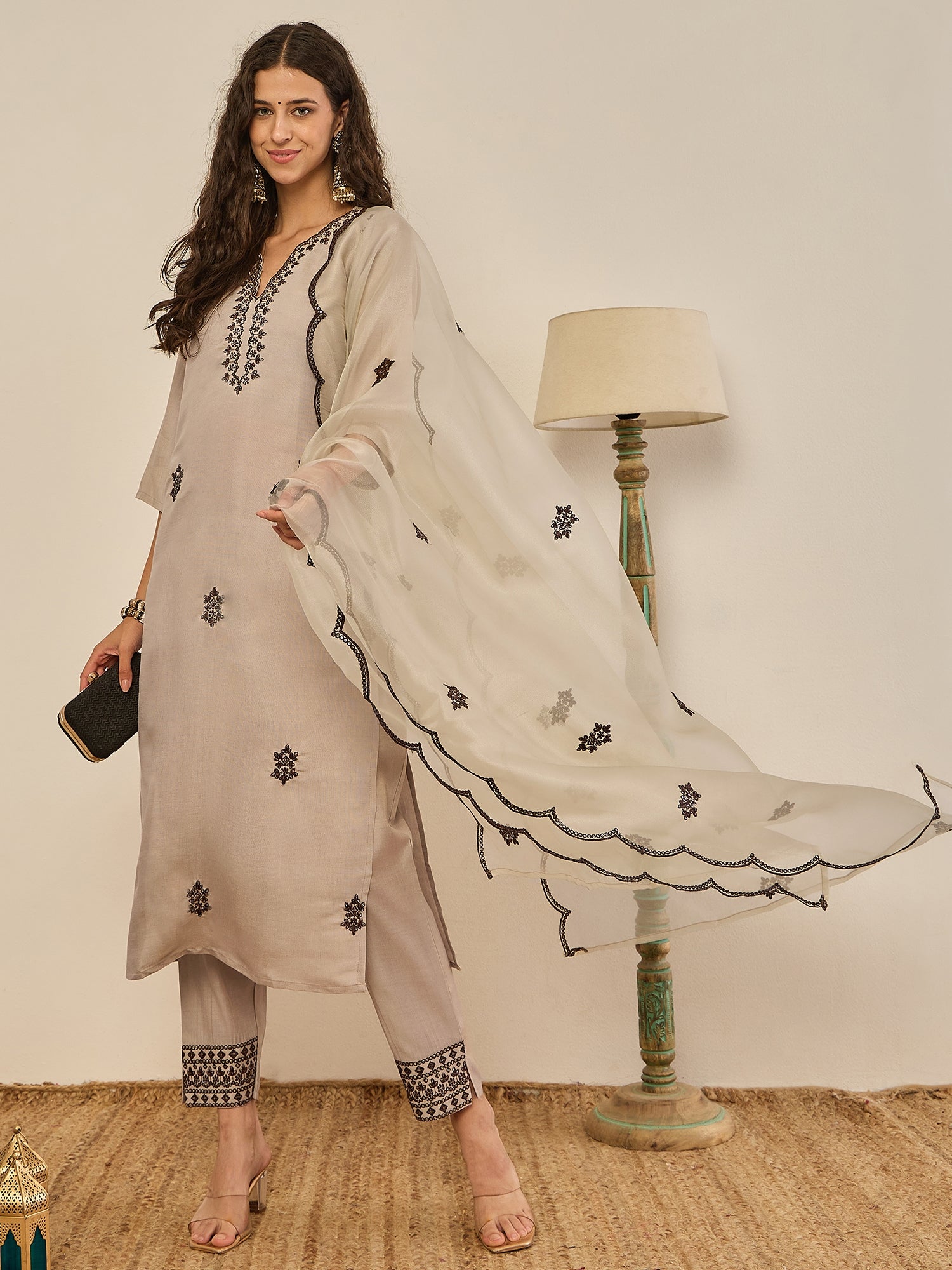 Saundh Grey Silk Blend Embroidered Kurta Set Suits
