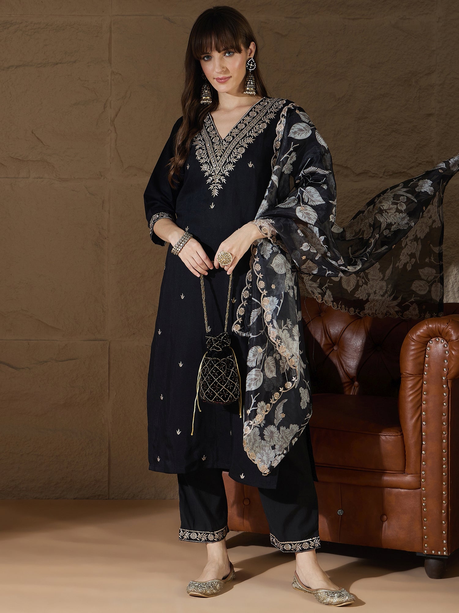 Chitra Charm black Yoke Design Silk Blend Straight Suit With Dupatta