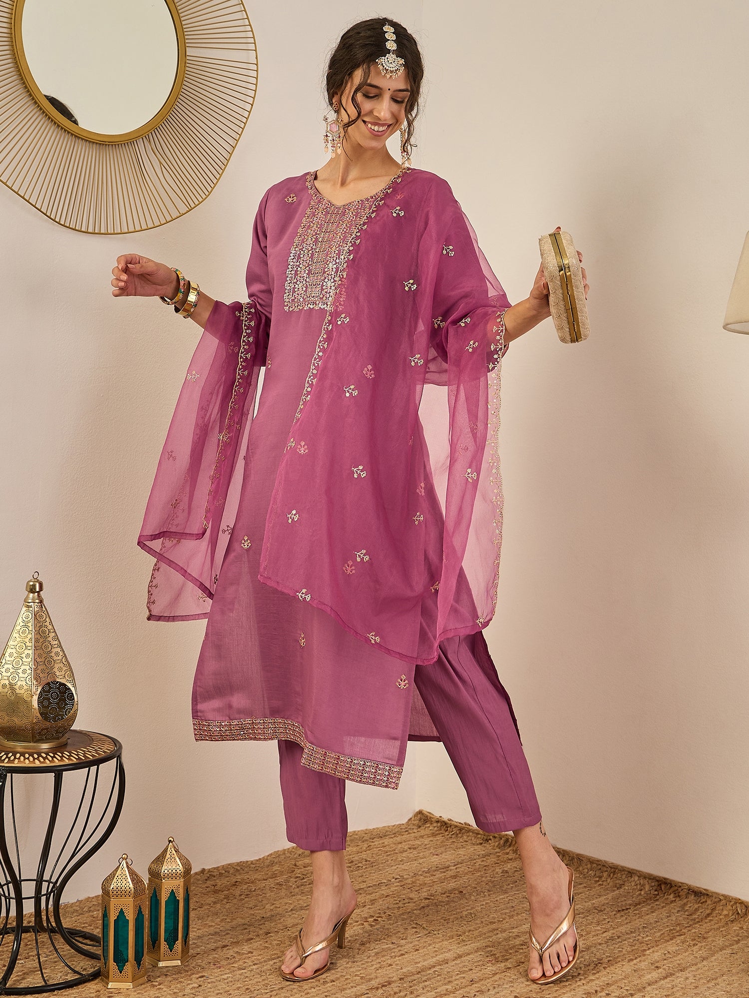 Vedhika Women's Embroidered Silk Blend Calf Length Straight Kurta Trouser with Dupatta Set