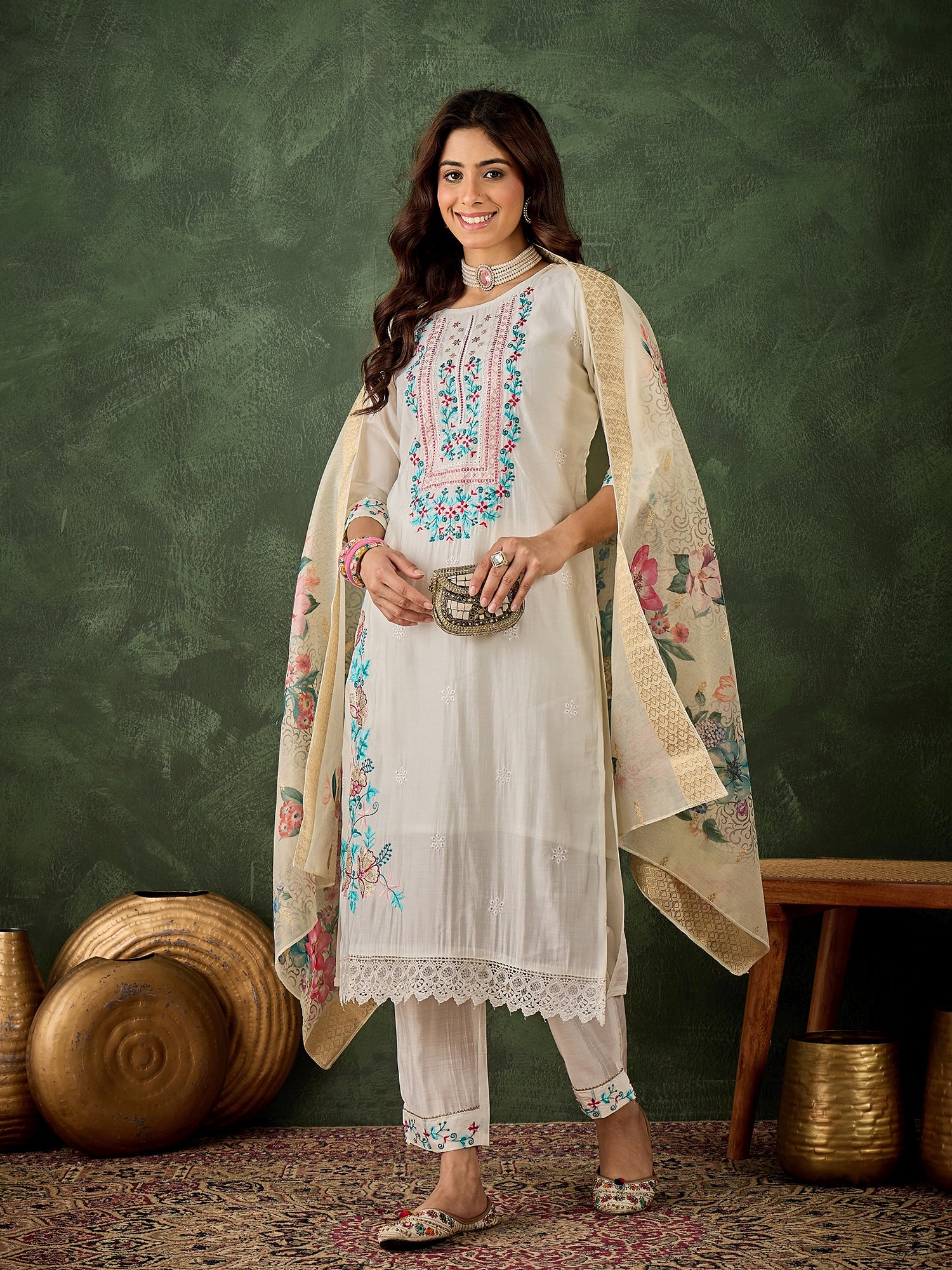 Varnam Women Silk Blend Kurta Pant Dupatta Set