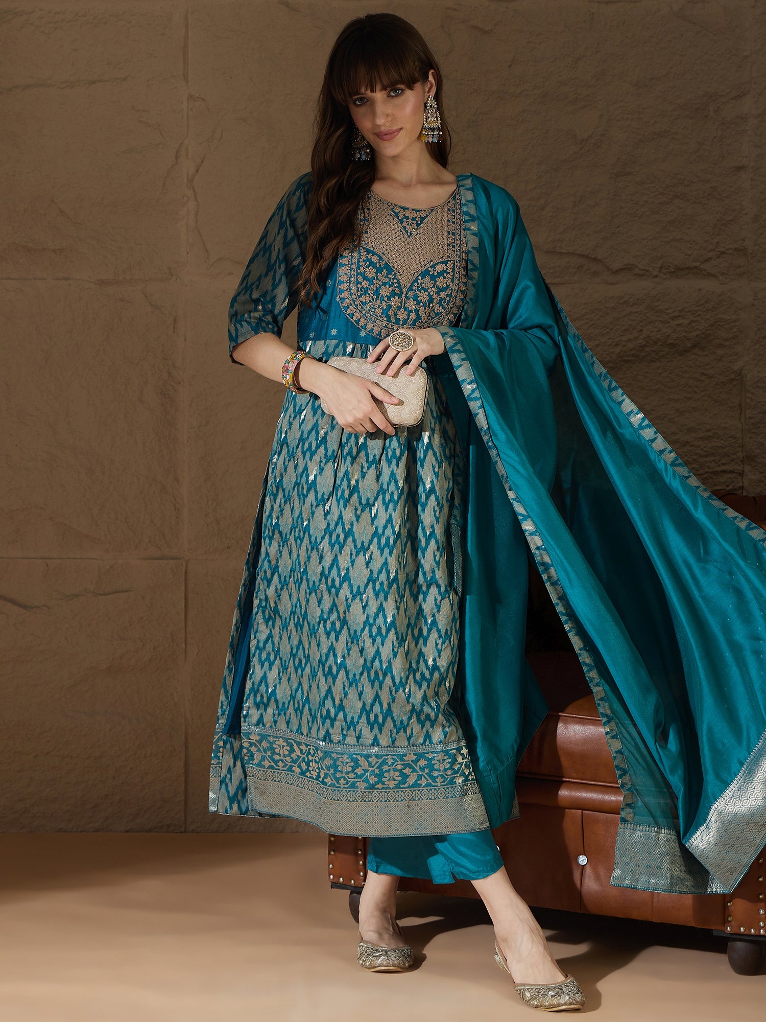 Saiyaara Teal Blue Cotton Silk Embellished Flared Suit Set