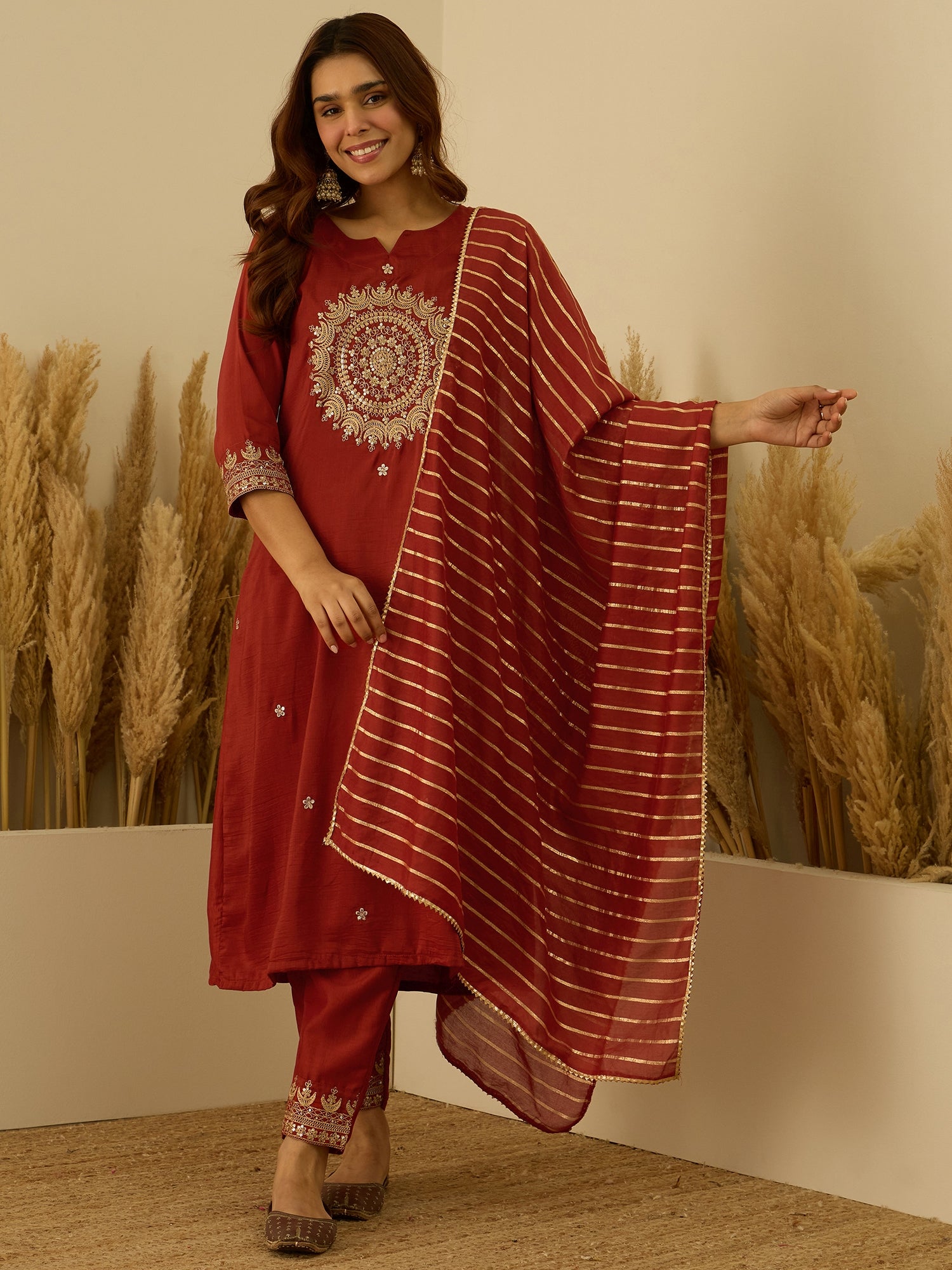Eira Peach Women Kurta and Pant Dupatta Sets Silk Blend Fabrics with Embroidery Handwork