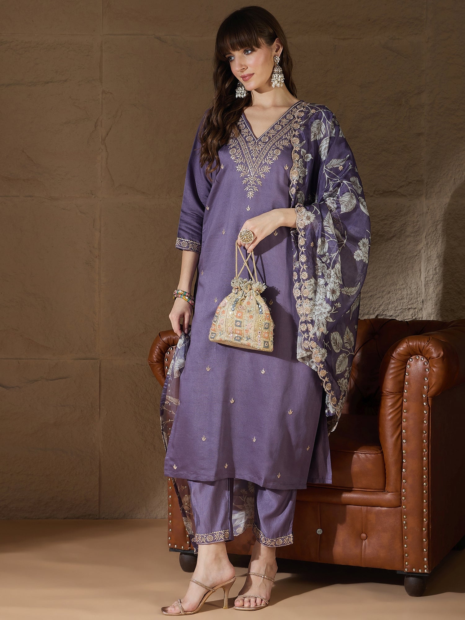 Chitra Charm Lavender Yoke Design Silk Blend Straight Suit With Dupatta