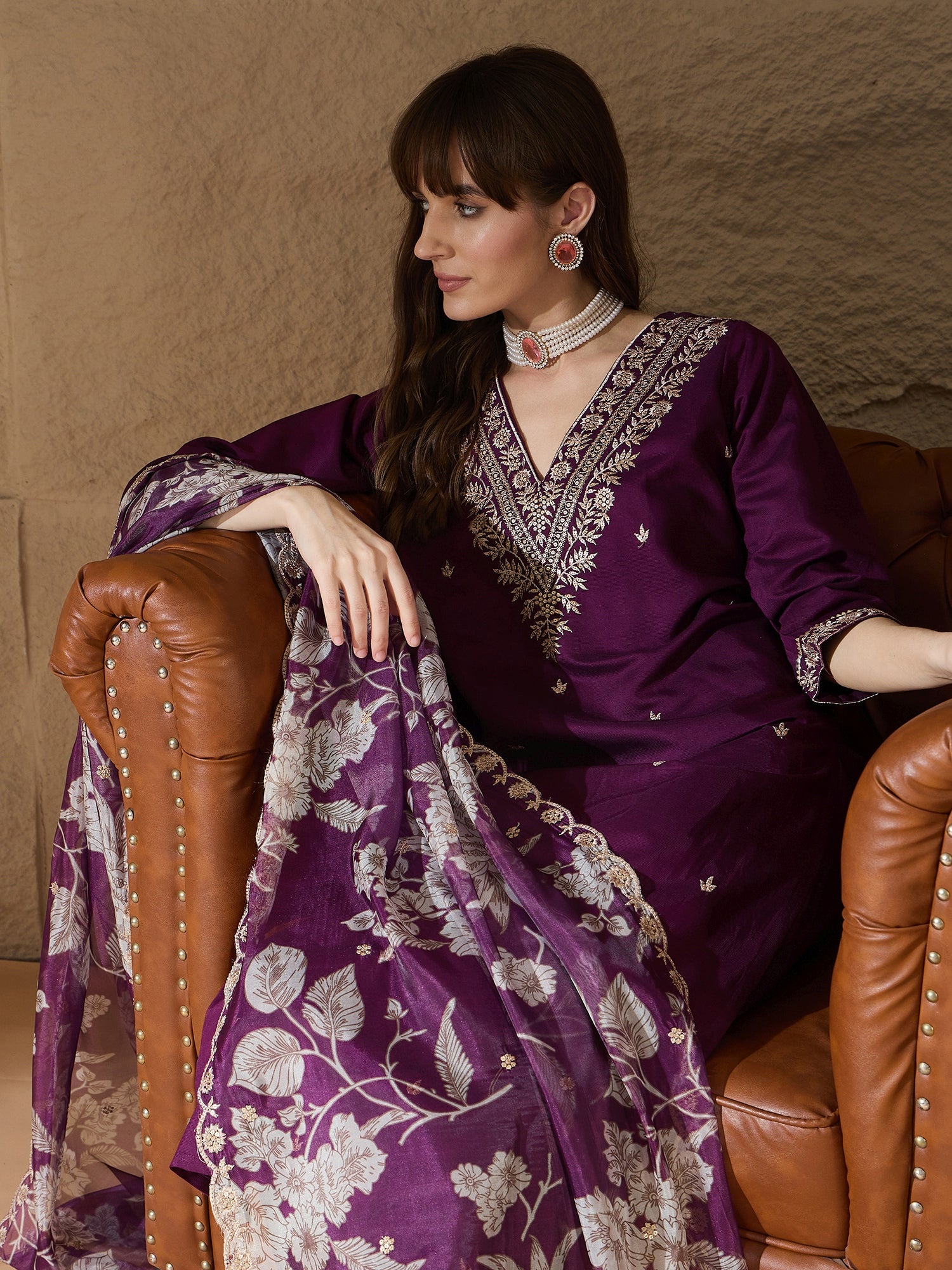 Kamakshi Charm Purple Yoke Design Silk Blend Straight Suit With Dupatta