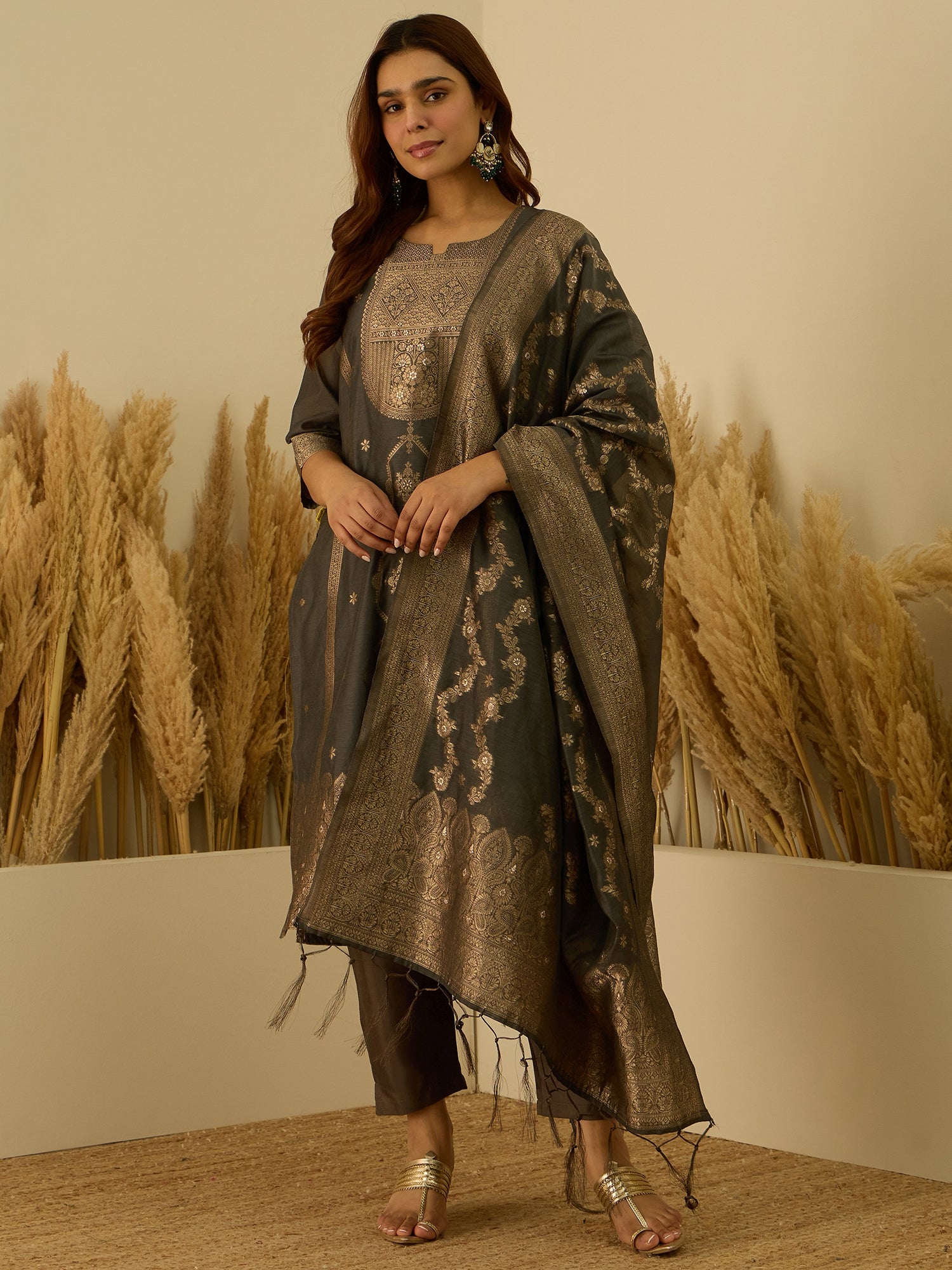 Aarambh Grey Women's Silk Blend Banarasi Jacquard Zari Woven Straight Kurta Pant with Dupatta Set