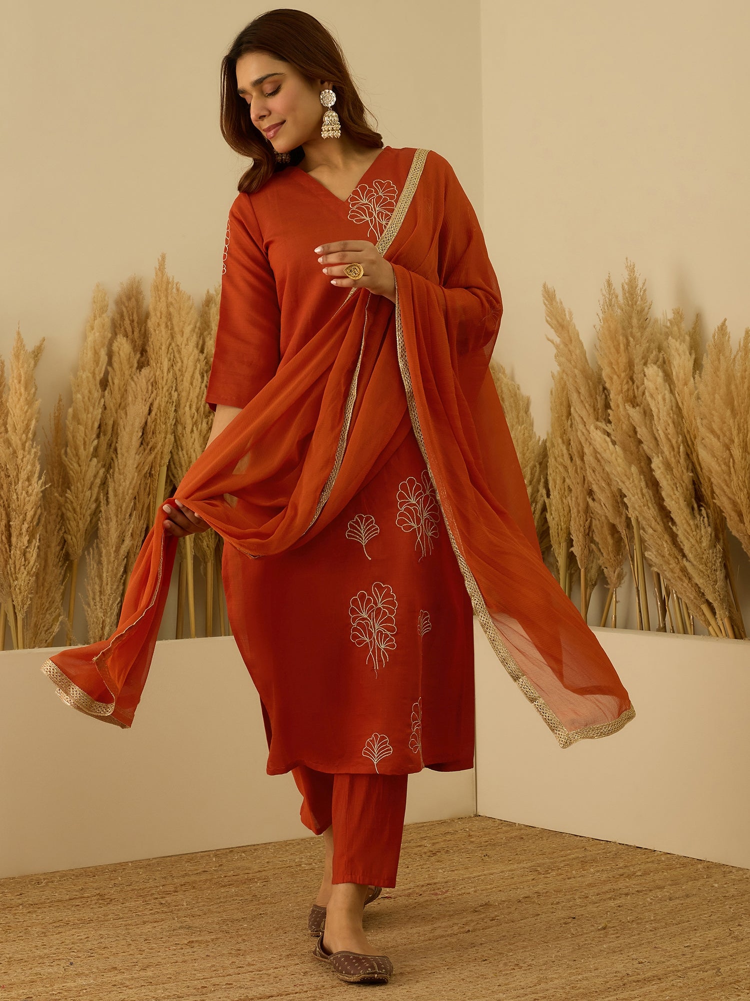 VredeVogel Rust Viscose Rayon Embroidered with Sequins Straight Kurta Set with Trousers & Dupatta