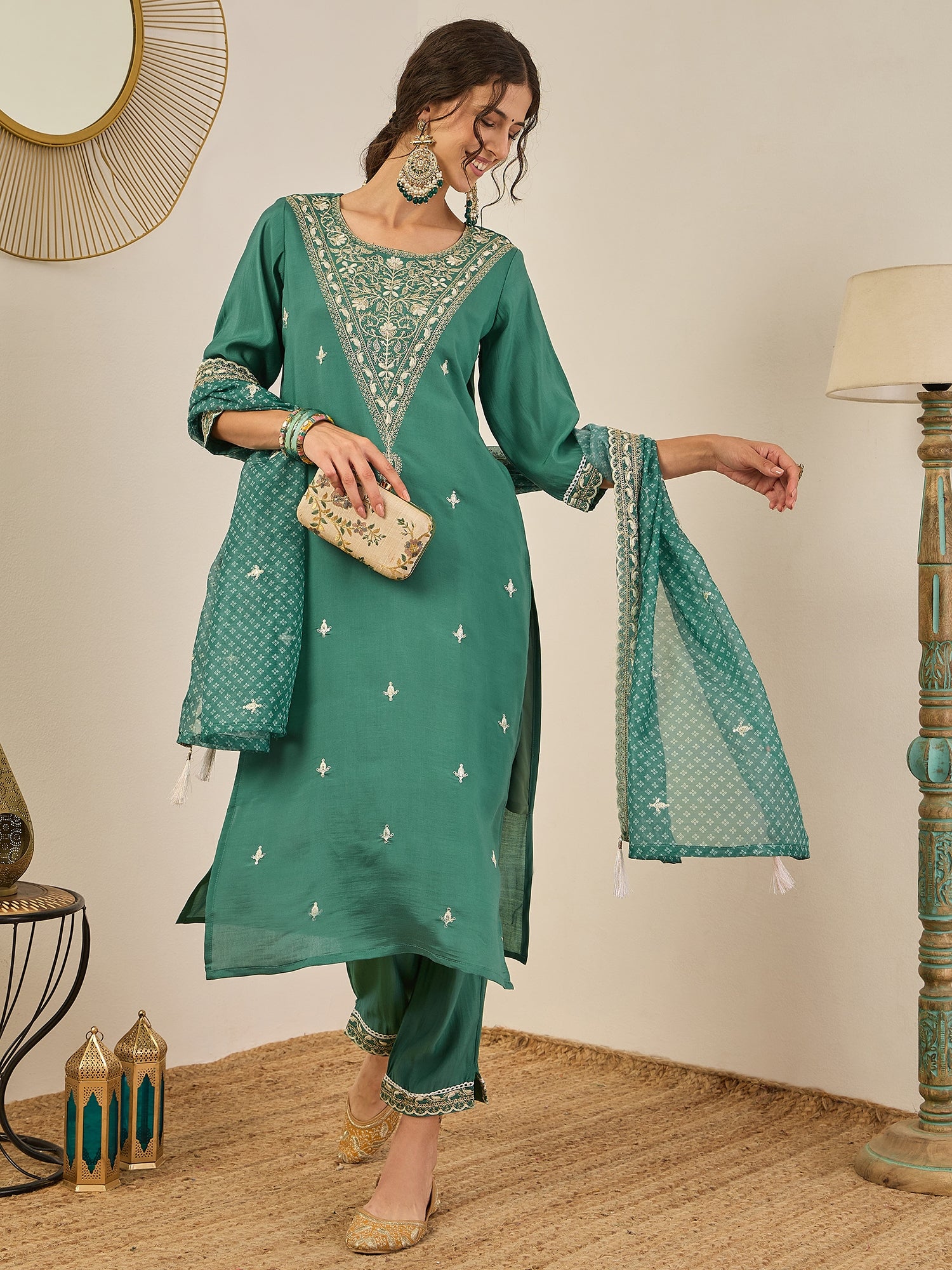 Rahi Teal Embroidered Silk Blend Straight Suit With Dupatta