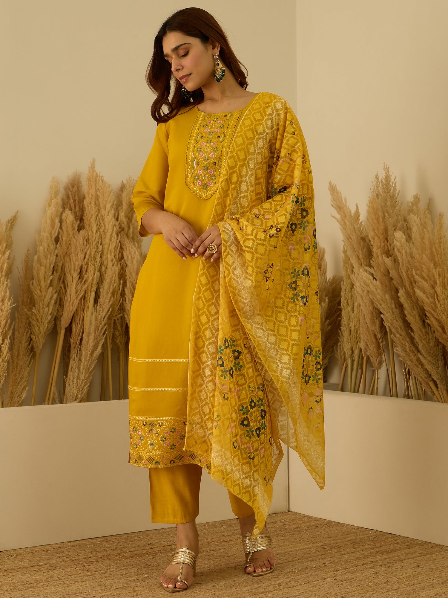 Saumya Yellow Women Kurta and Pant Dupatta Sets Silk Fabrics with Embroidery