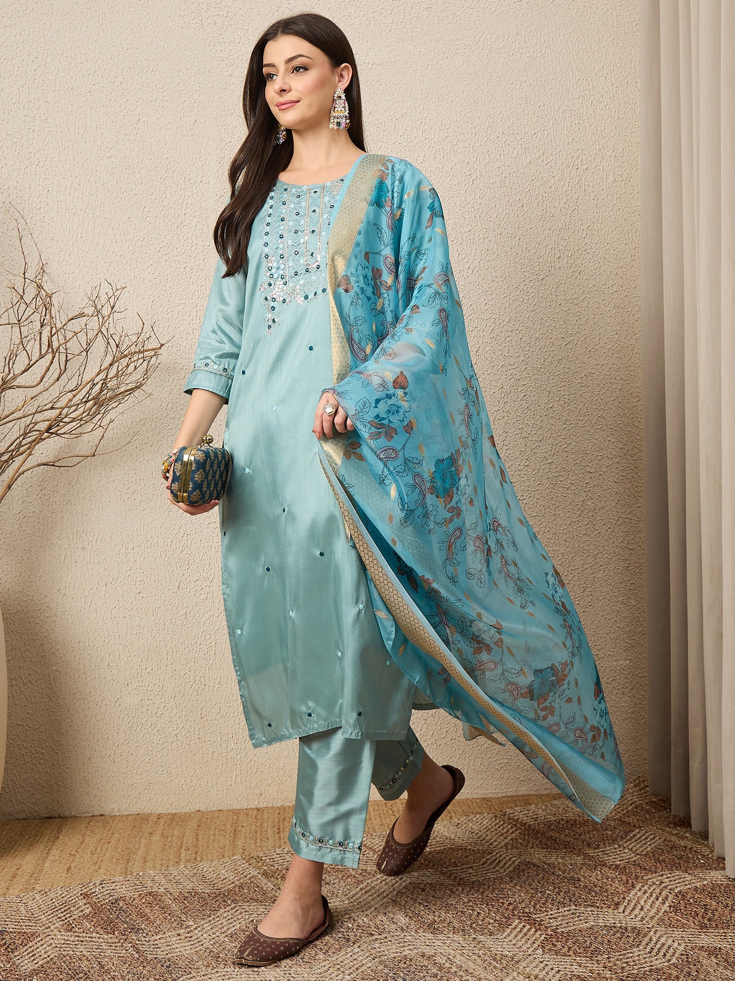 Mehfil Sky Women Silk Blend Kurta and Trousers Pant Set