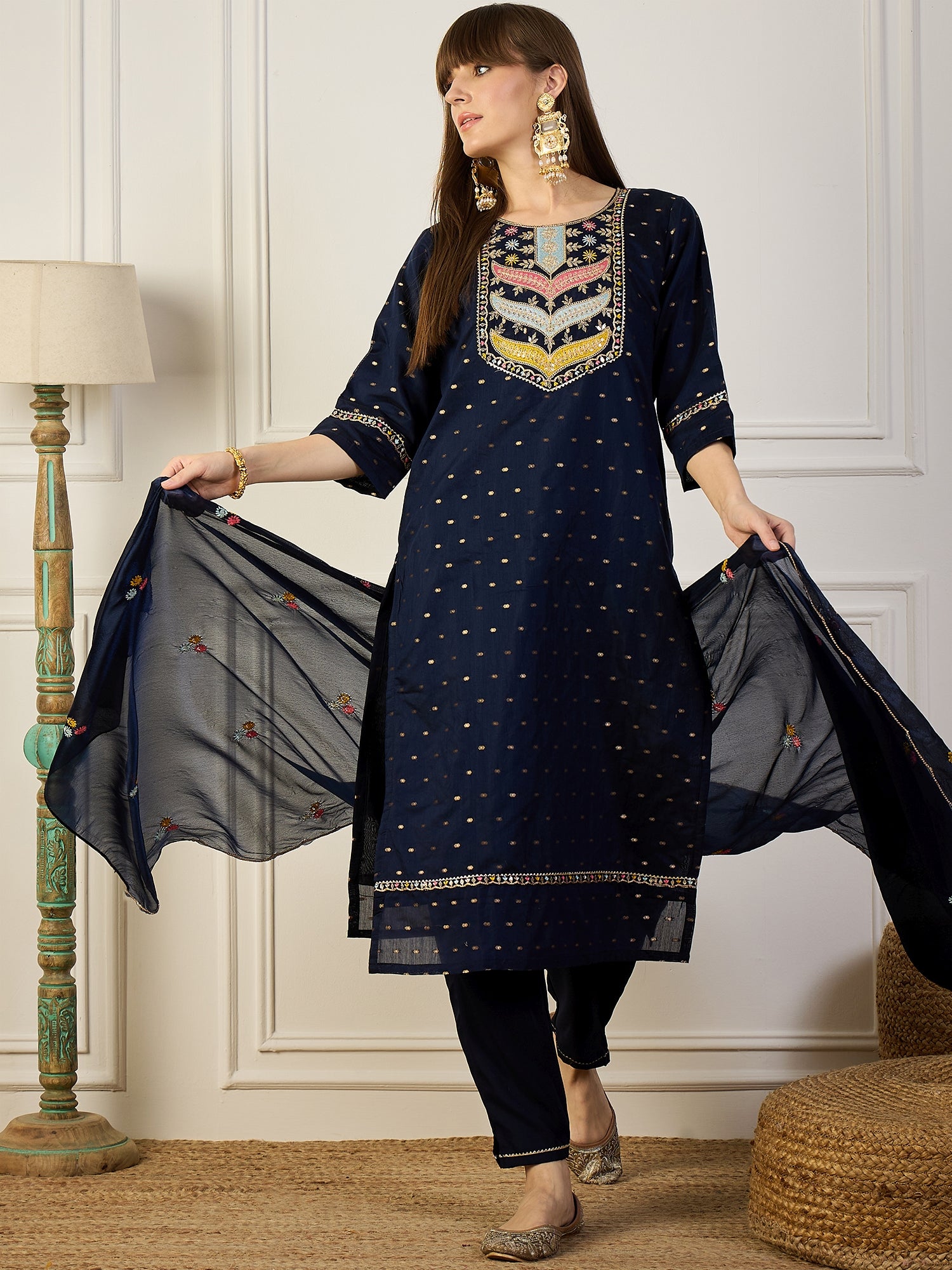 Bindiya  Blue Embroidered Chanderi Silk Kurta Set with Embroidered Dupatta