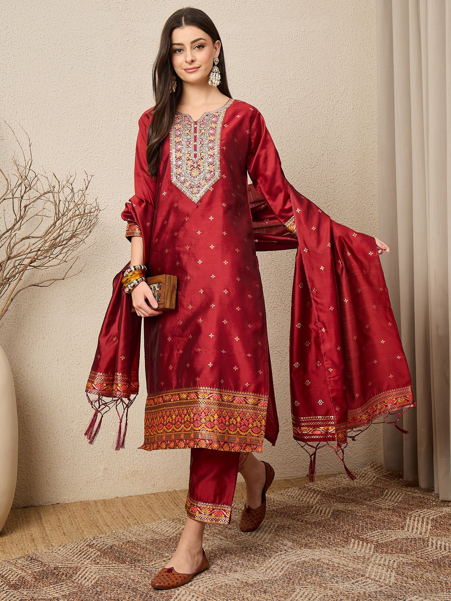 Kahani Women Maroon Yoke Design Silk Blend Straight Suit With Dupatta